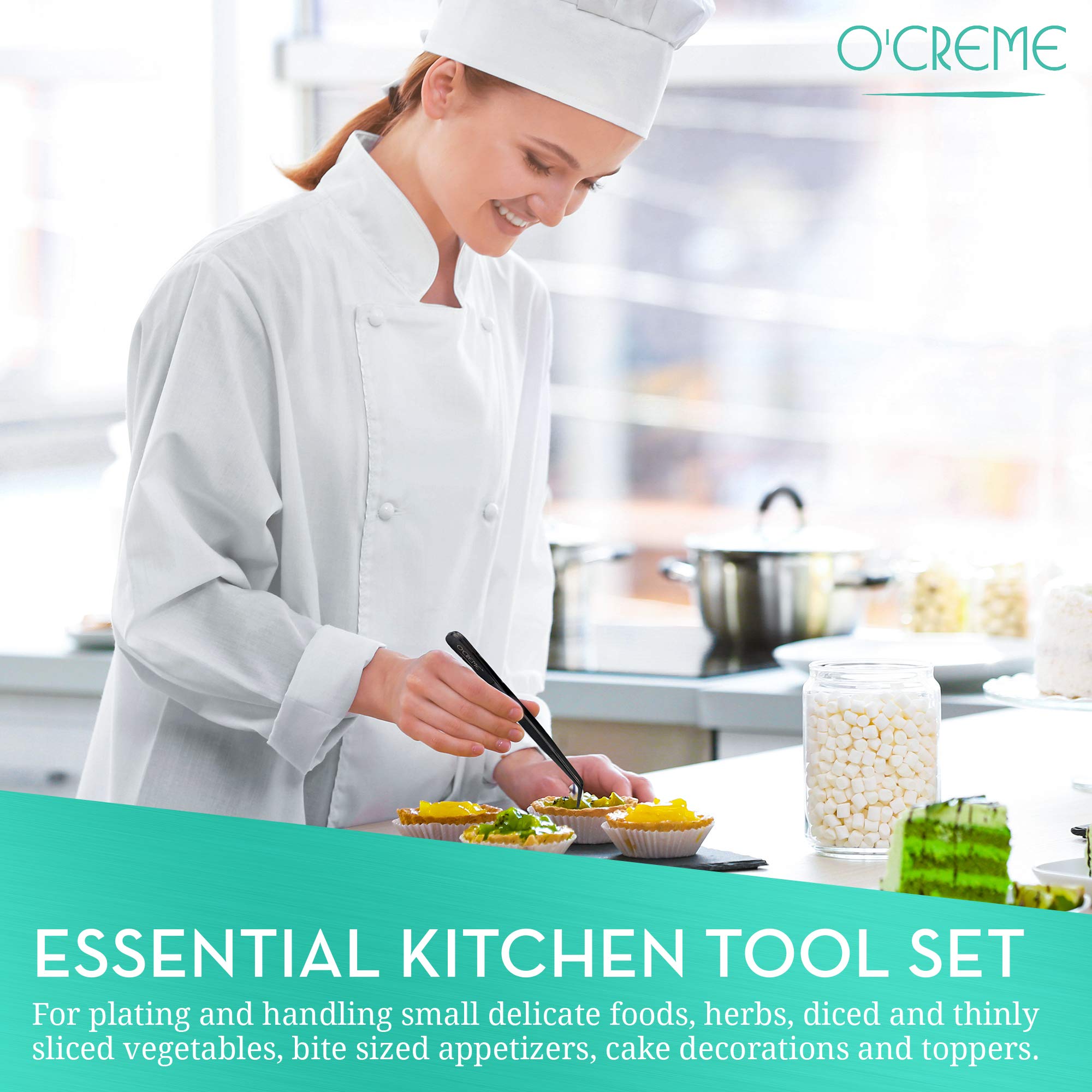 O'Creme Stainless Steel Precision Kitchen Culinary 8 Inch Tweezer Tongs (8'' Curved, Blue)