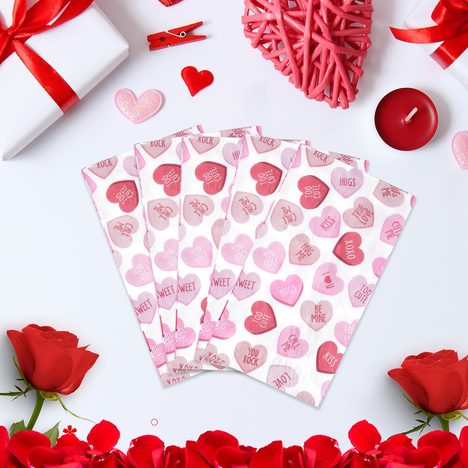 200Pcs Valentines Day Paper Napkins, Pink Disposable Love Heart Napkins, Valentines Decorative Paper Guest Towels For Valentines