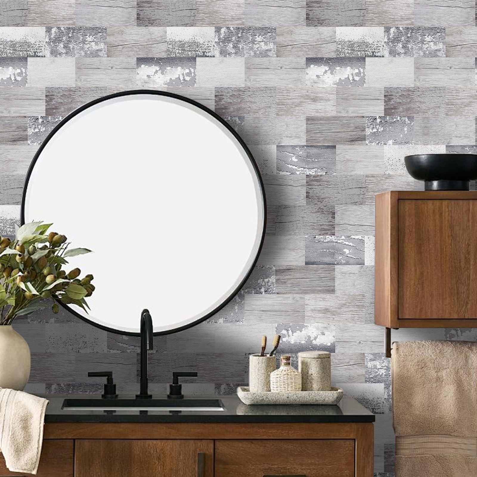 DEWOO Peel and Stick Tile Backsplash 11.4''X13.5'' PVC Wall Tiles  Stick on Backsplash for Kitchen  Bathroom Tile  Fireplace D?cor  Laundry Table  Stair Decals in Light Rustic Wood Look (10-Pack)