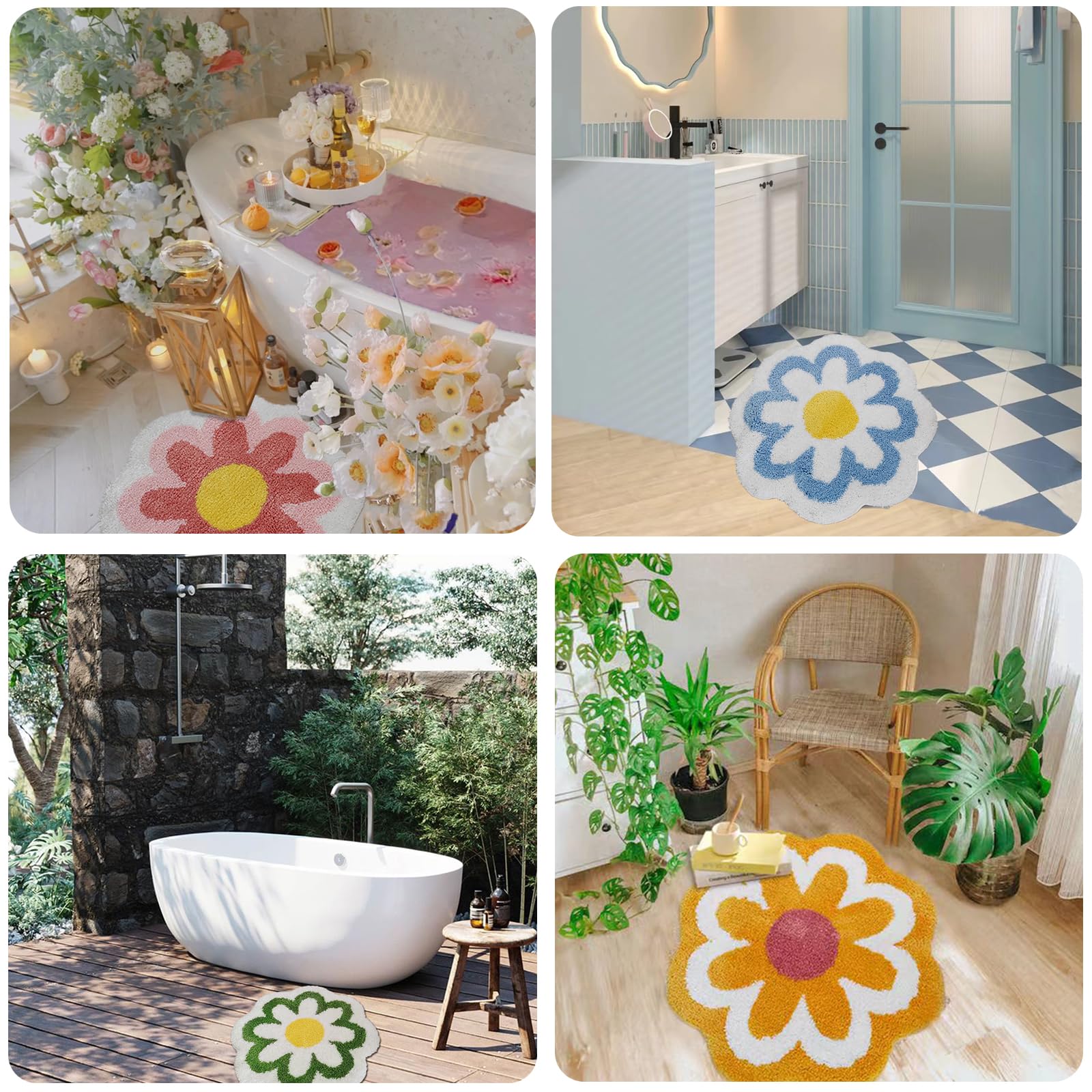 YRXRUS Flower Bath Mat, Blue Bathroom Rug, Beauty Bath Mats, Ultra Soft Microfiber Bath Rug, Machine Washable Flower Rug, Shower