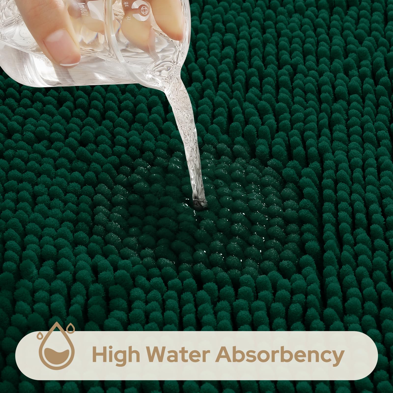 Homeideas 3 Pieces Bathroom Rugs, Ultra Soft Non Slip Absorbent Chenille Toilet Bath Mat Set (Dark Green)