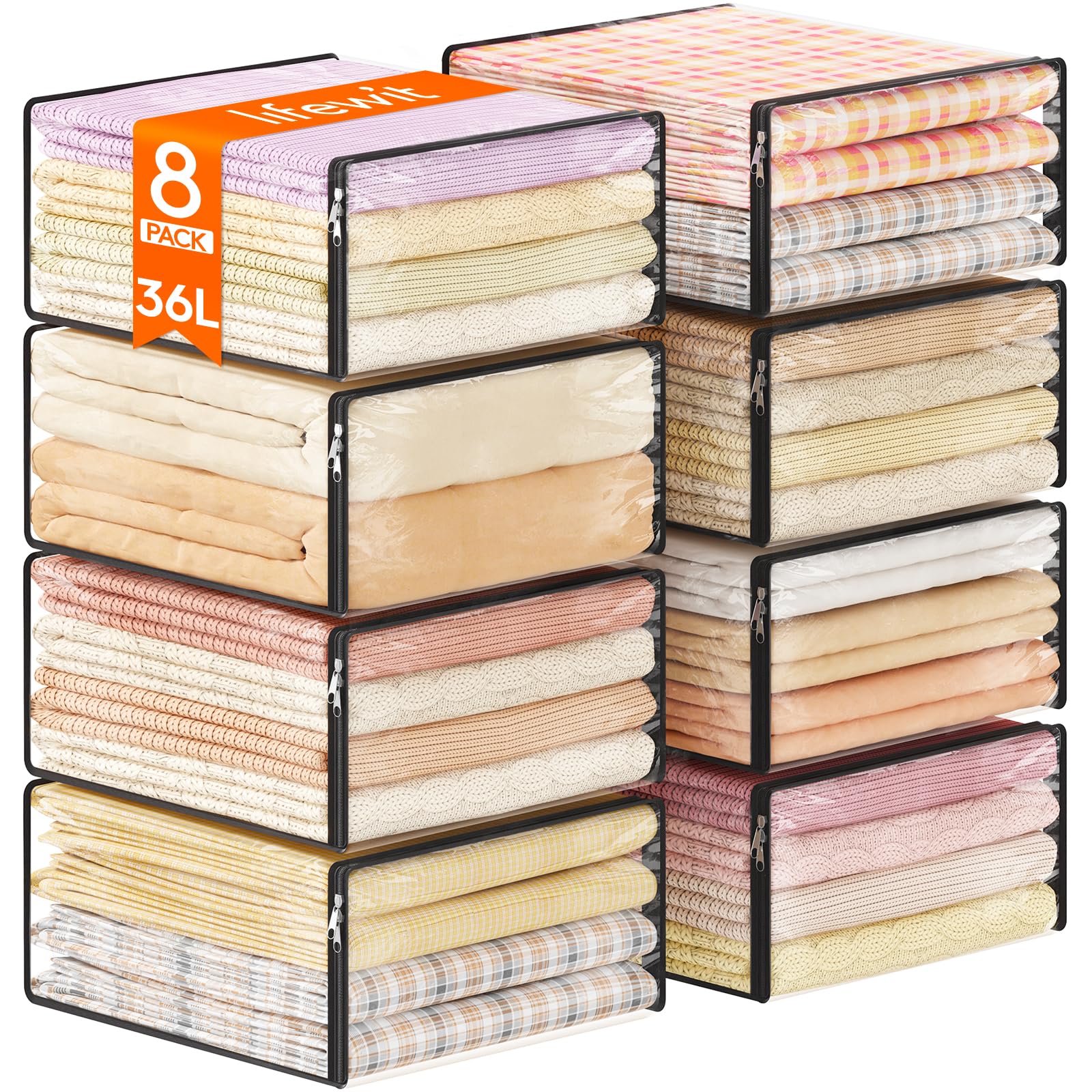 Lifewit 36L Clear Sheet Storage Bags with Zipper 8 Pack, Plastic Sweater Storage Bins for Clothing, Vinyl Foldable Clothes Conta
