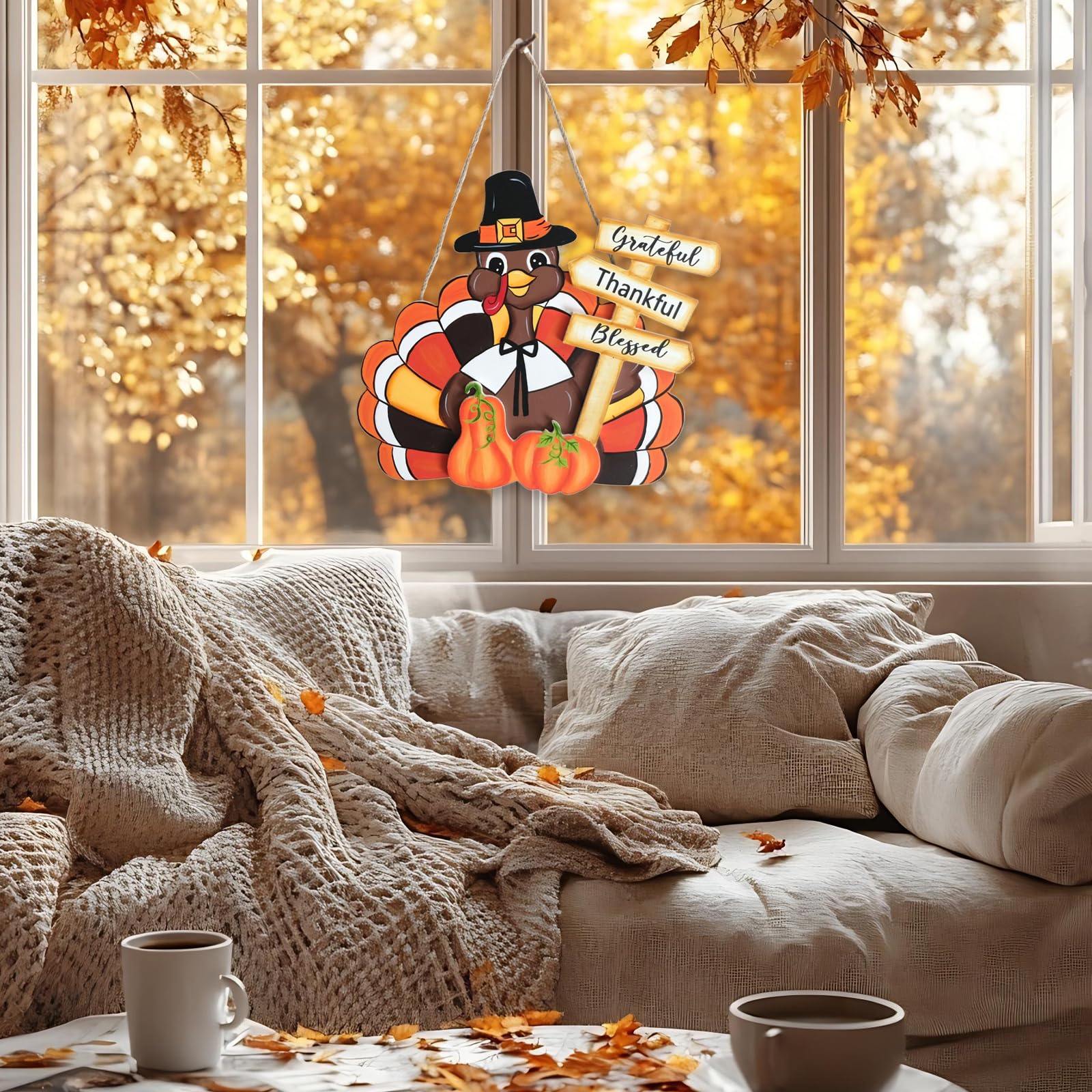 Egolot Fall Thanksgiving Turkey Welcome Wooden Sign for Front Door with Pumpkins, Thanksgiving Grateful Thankful Blessed Turkey