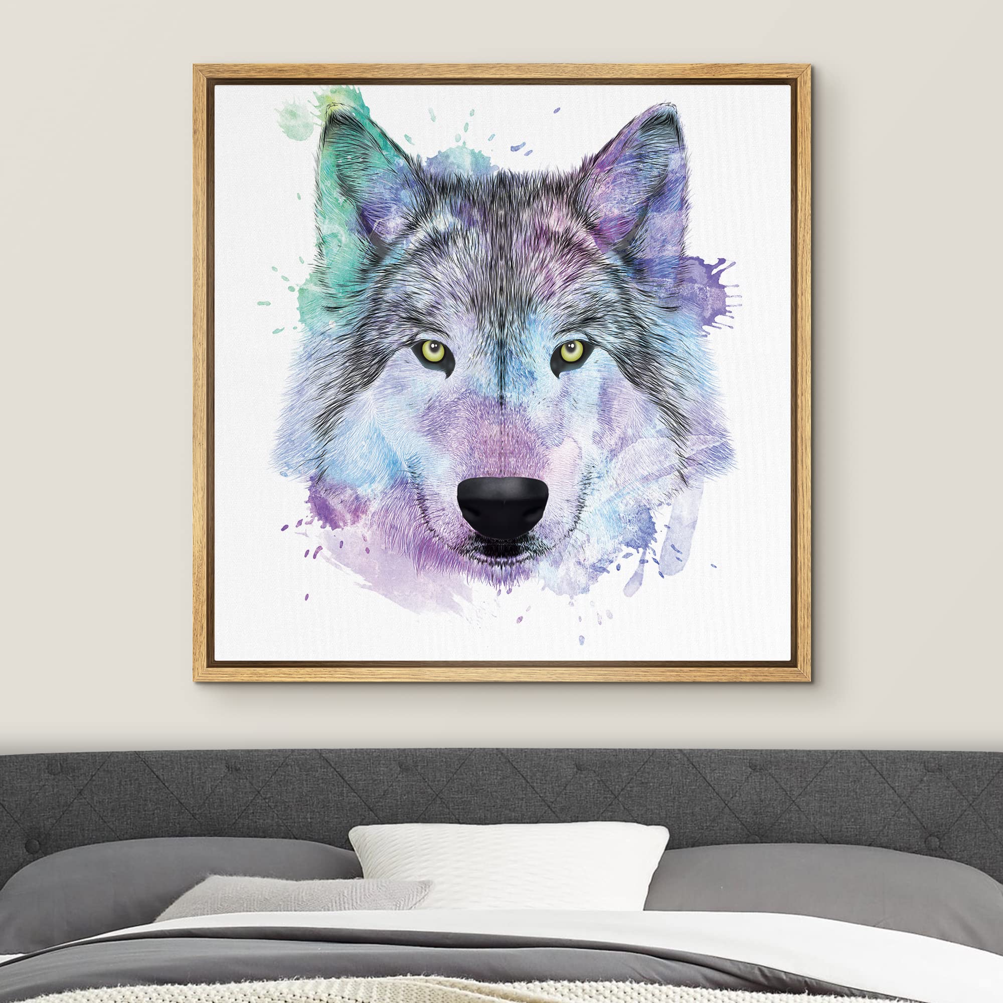 Wall26 - Fun And Colorful Splattered Watercolor Wolf - Framed Canvas Art Home Art - 16''X16'' Natural