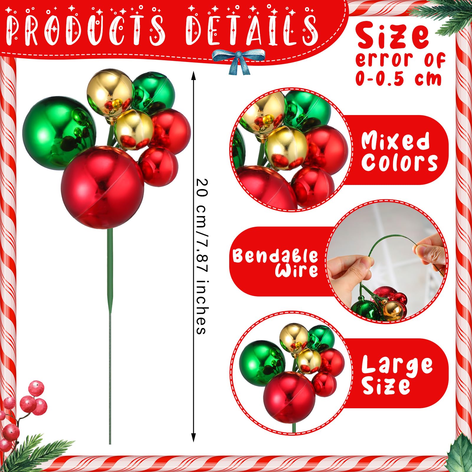 Daifunli 12 Pcs Red Green and Gold Christmas Tree Picks 7.87 Inch Christmas Balls Ornaments Xmas Decorations for Xmas Tree Toppe