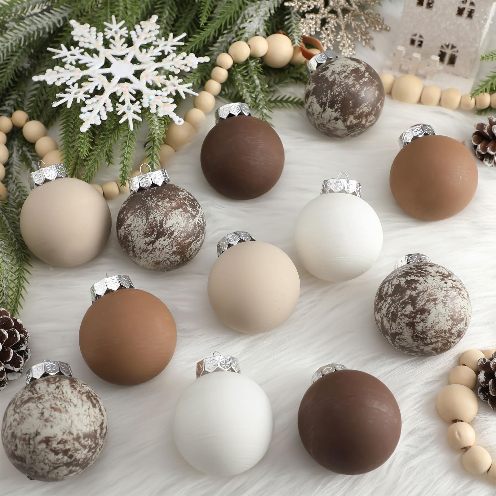 12 Pcs Matte Neutral Textured Christmas Ball Ornaments 2.36'' Brown Vintage Rustic Christmas Tree Decorations Modern Xmas Tree H