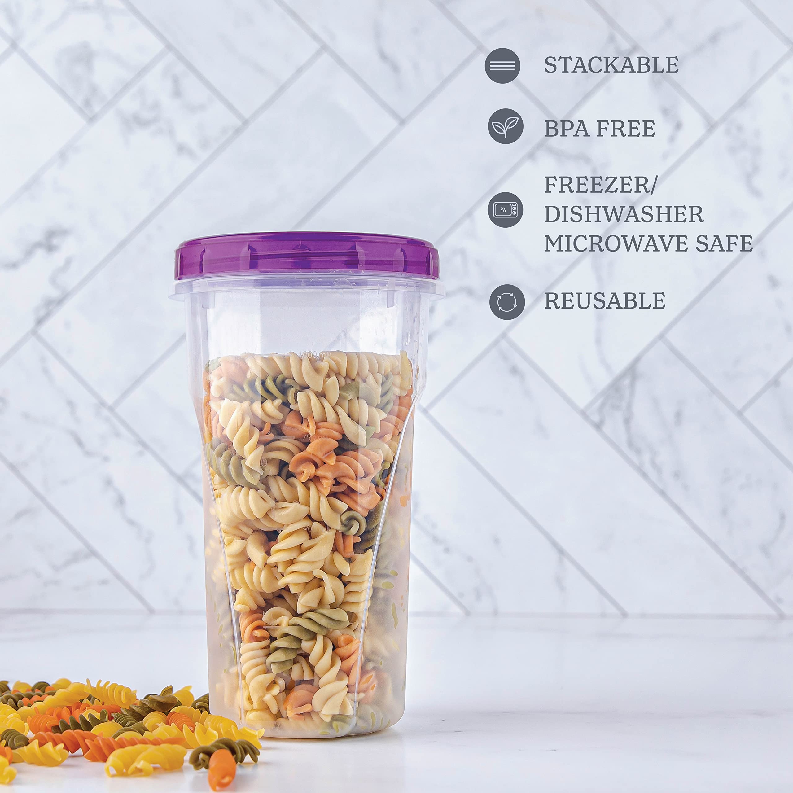 Plasticpro 48 Ounce Twist Top Deli Containers Clear Bottom With Purple Top Twist On Lids Reusable, Stackable, Food Storage Freez