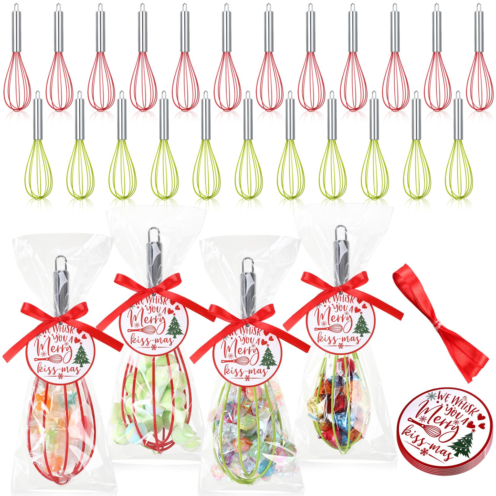 FoldTier 72 Sets 8 Inch Christmas Whisks Gifts DIY Fillable Christmas Tree Ornaments Xmas Colored Silicone Whisks for Cooking He
