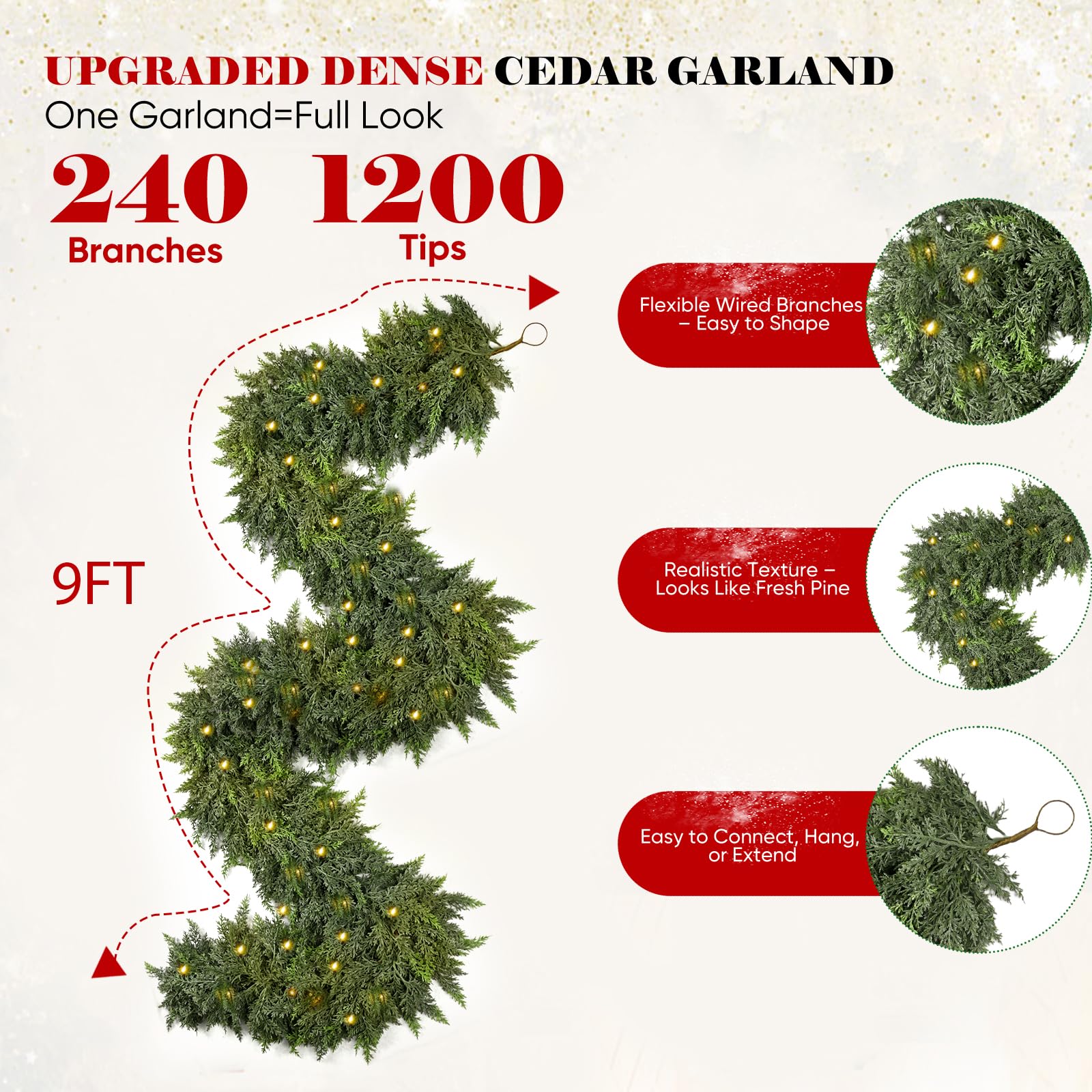 9FT Thick Pre-lit Christmas Garlands with 240 Cedar Branches, 50 Lights, Green Cedar Garland for Christmas Decorations, Artifici