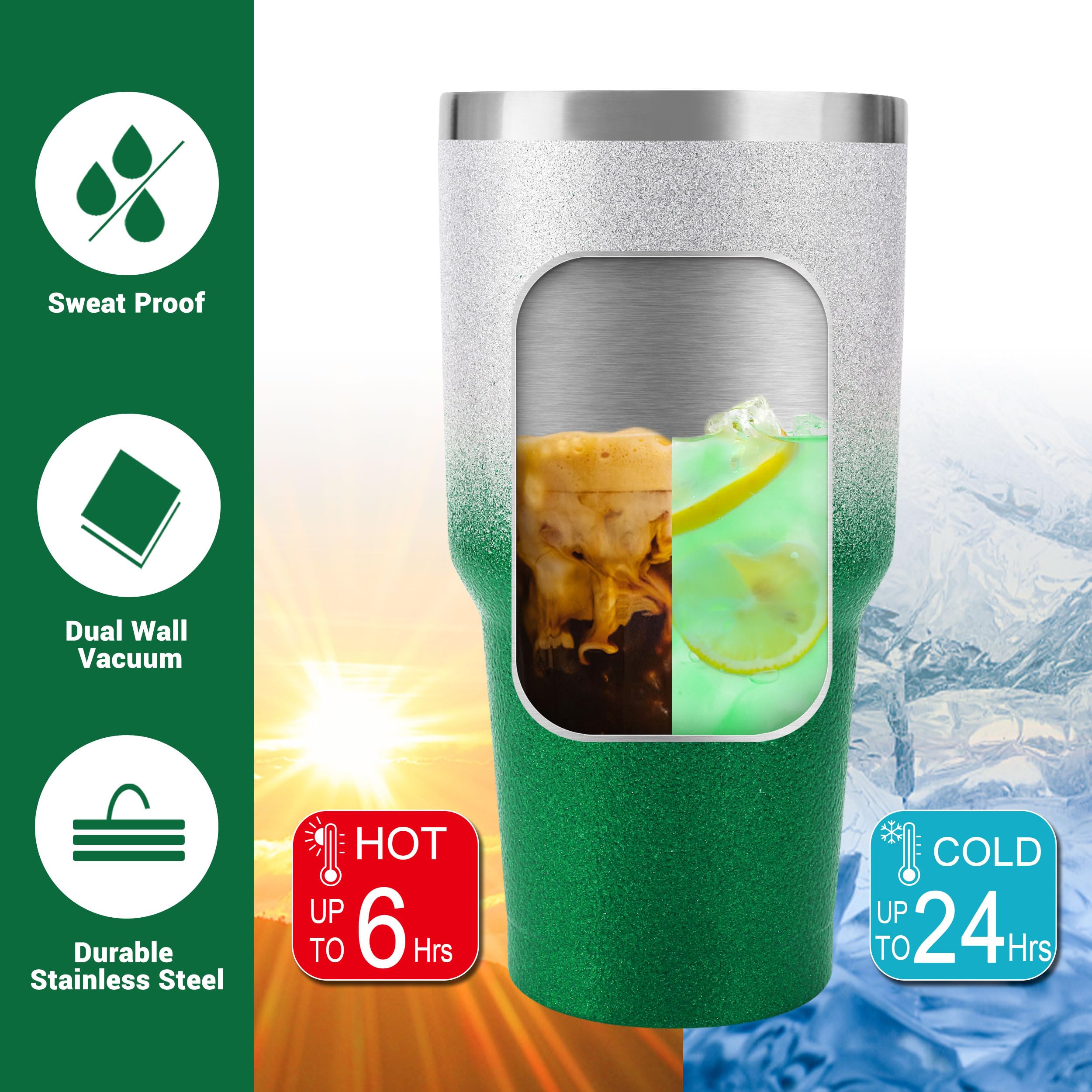 Ds 30 Oz Tumbler Christmas Green Glitter Gradient Cup Stainless Steel Double Wall Vacuum Insulated Mug With Straw And Lid, Clean