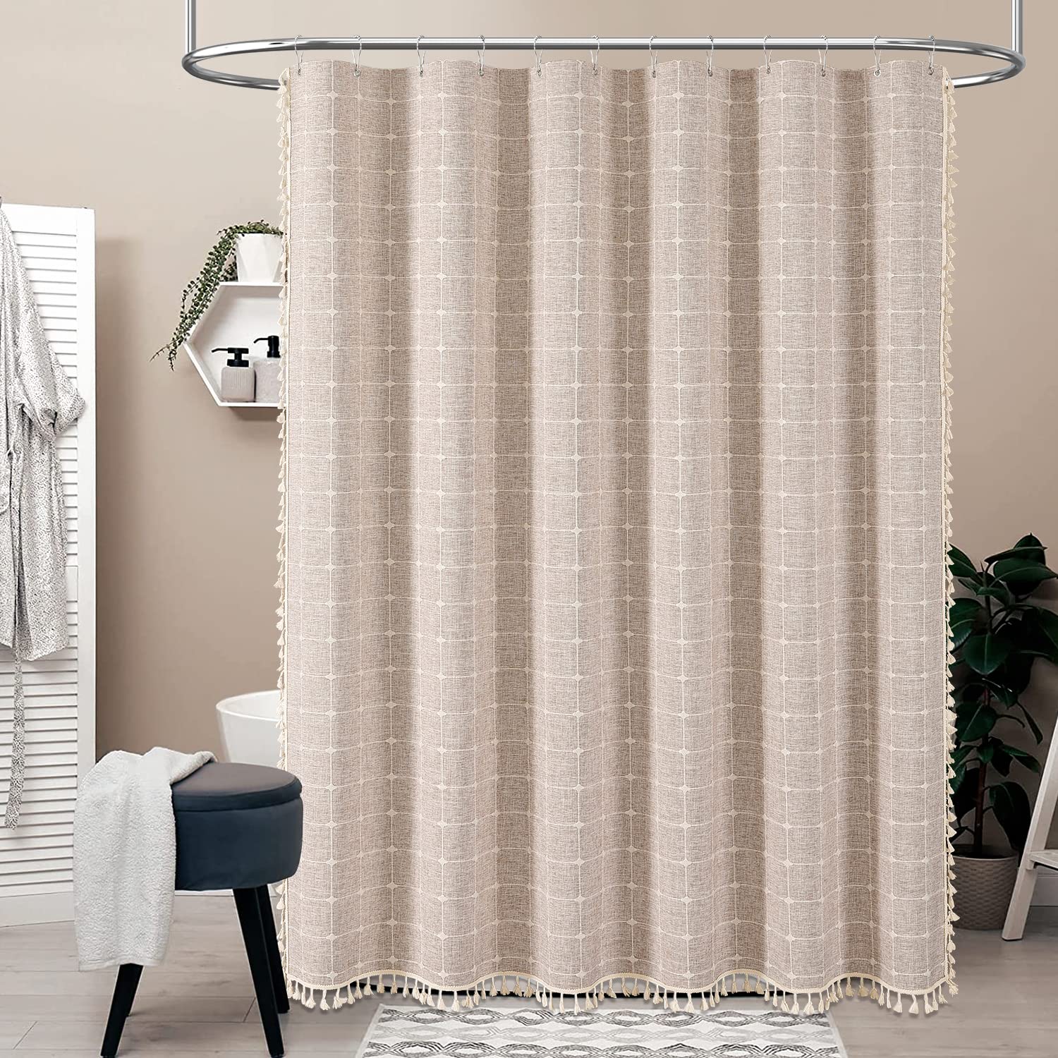Bttn Boho Stall Shower Curtain, 54X78 Inch Long Textured Linen Heavy Duty Fabric Shower Curtain Set With 10 Plastic Hooks, Narro