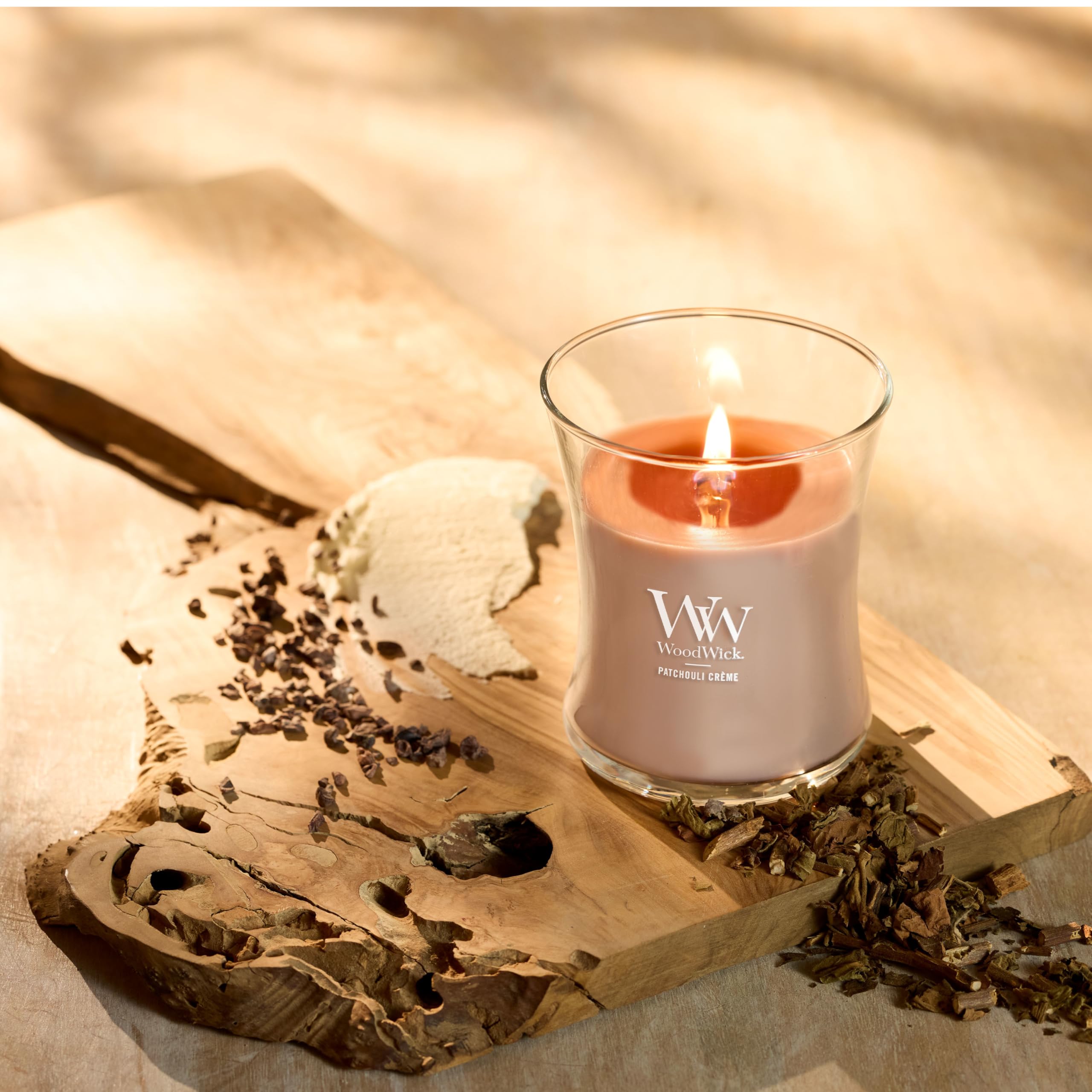 WoodWick Patchouli Crme Gifts for Women and Men, 9.7 oz Medium Hourglass Candle with Crackling Wick