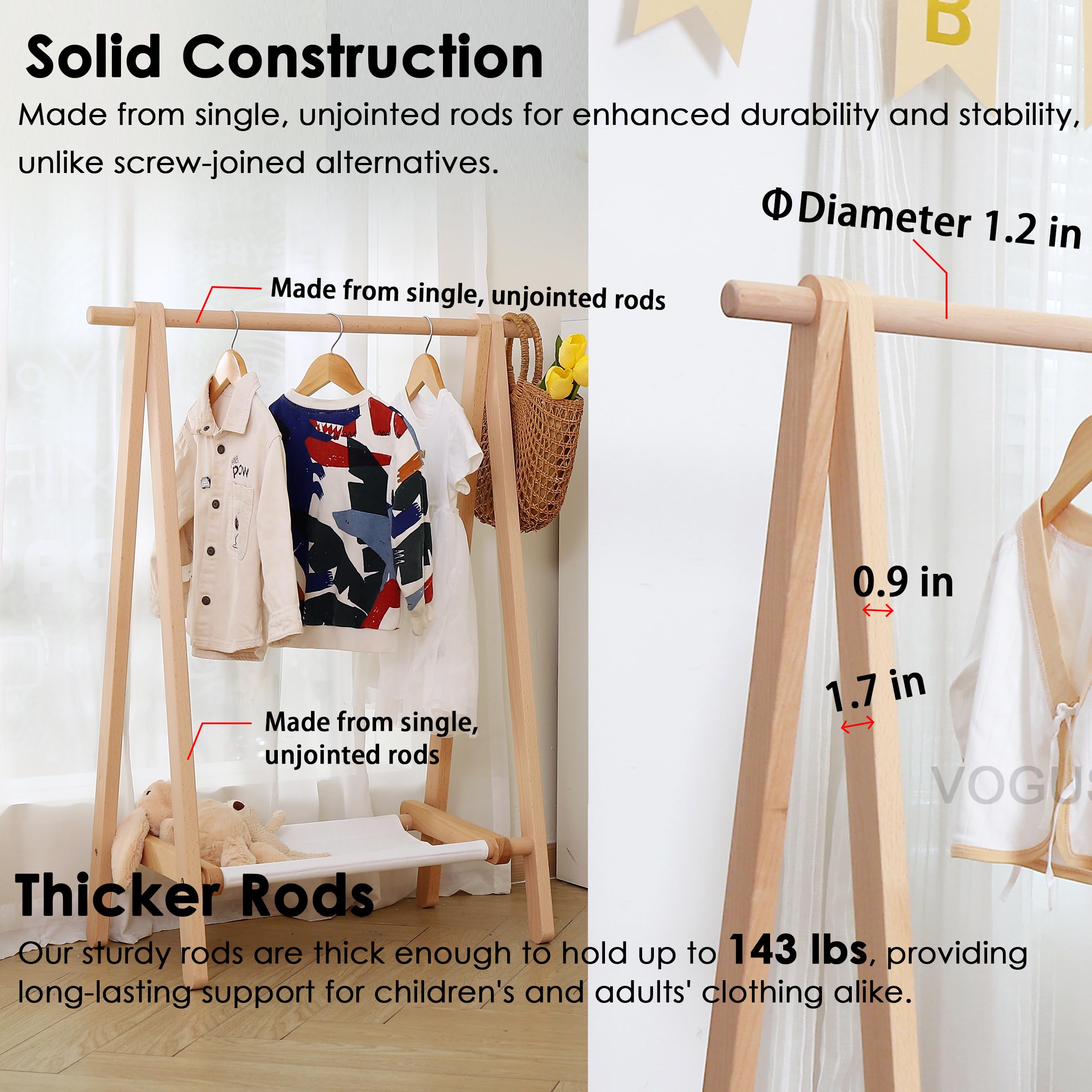 VOGUSLAND Dress up Rack  Child Garment Rack  Kids Clothing Rack with Storage Shelf (Natural Beech  29.5'' L x 14.5'' W x 40'' H)