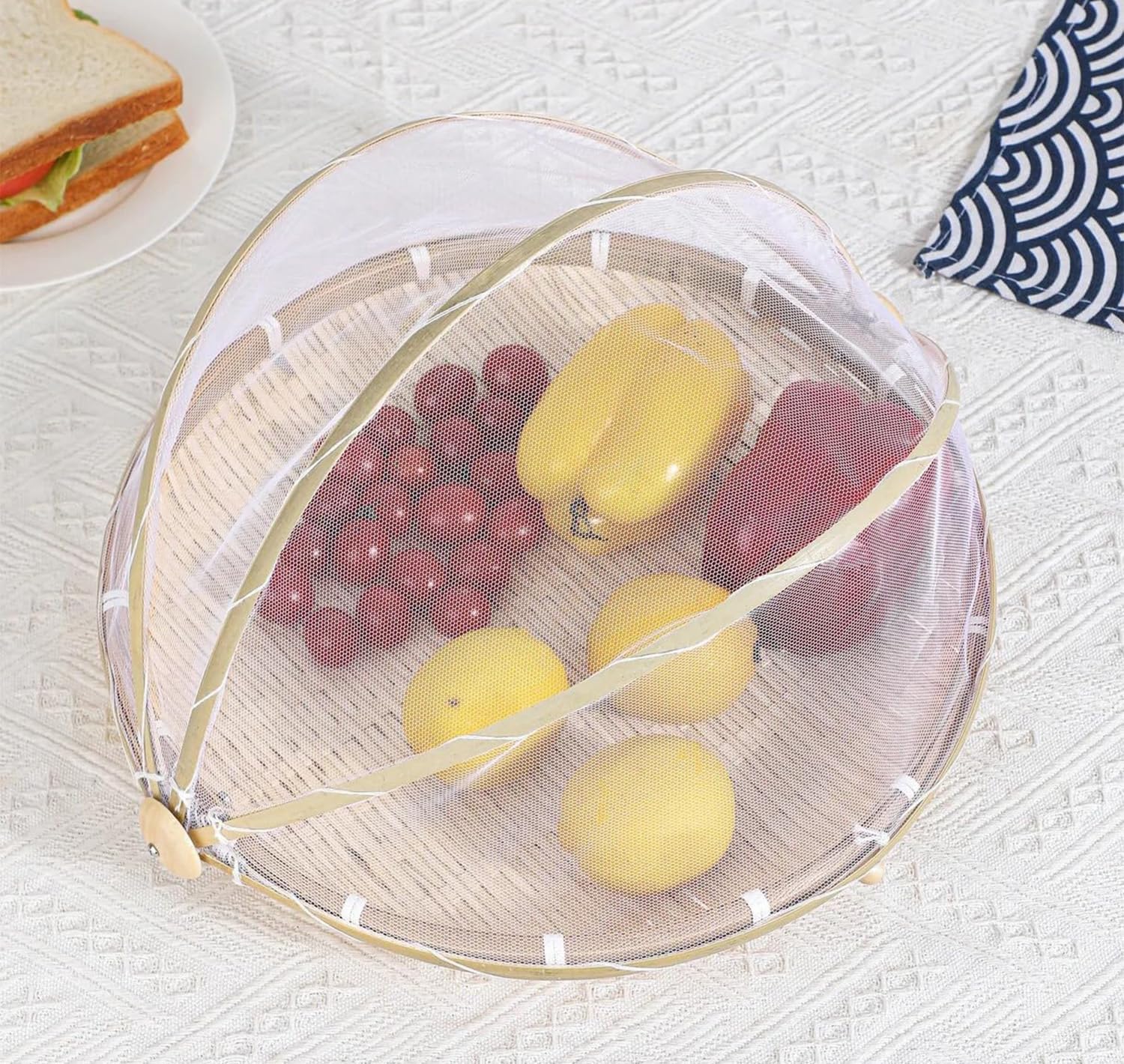 Aadhik Fruit Basket Bamboo With PopUp Mesh Cover | Vegetable Storage Organizer | Kitchen Accessories | Round Breathable Basket 