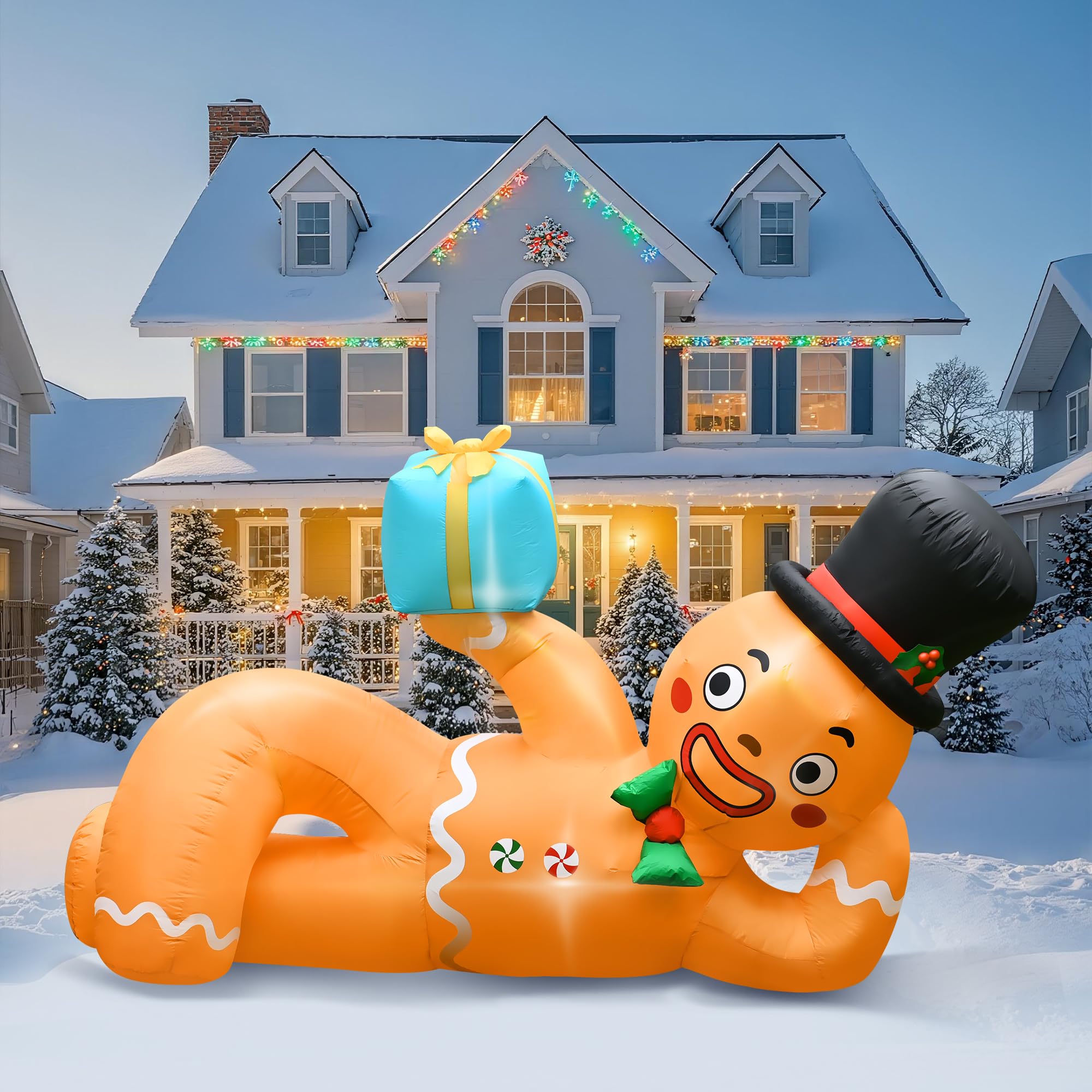CORALMEE 10 FT Christmas Inflatables Gingerbread Man, Christmas Blow Up Yard Decorations with Built-in LEDs, Lying Gingerbread I