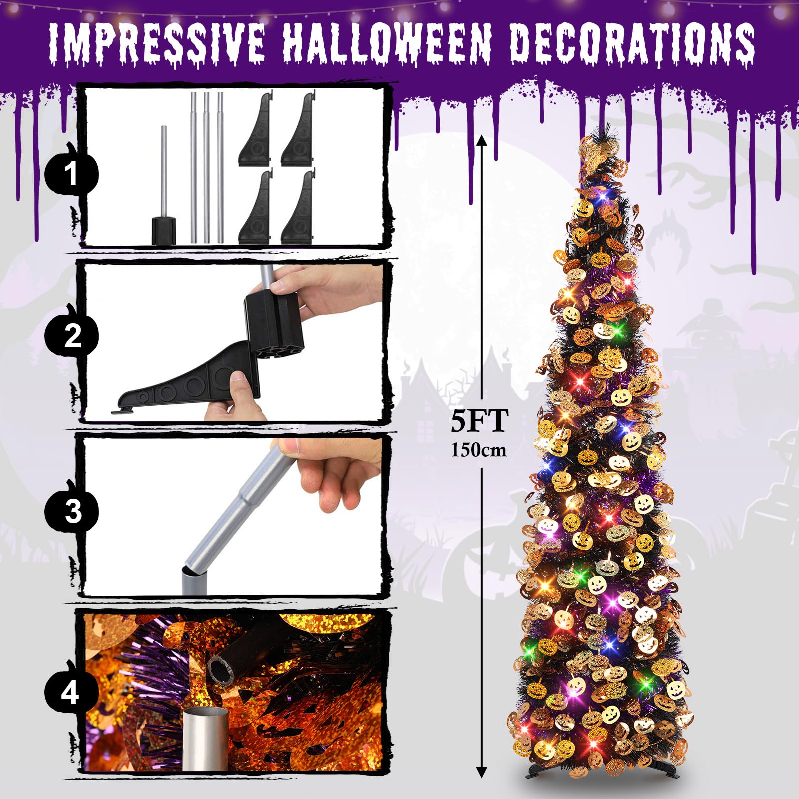 N&T NIETING Halloween Tree Decorations with 100LED Lights 5FT Pop Up with Timer & 8 Modes Collapsible Pencil Tinsel Trees with H