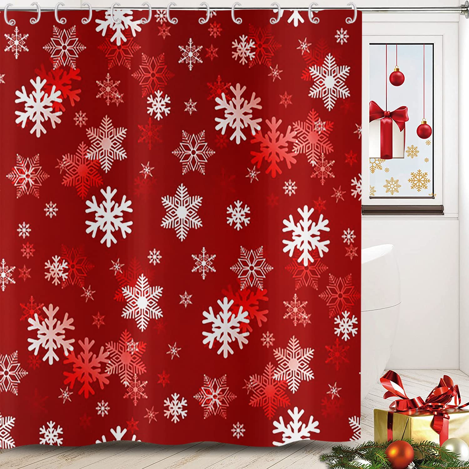 Gcirec Christmas Snowflake Shower Curtain, Red White Xmas Snowflake Winter Holiday New Year Bathroom Curtain Home Bathtub Decor