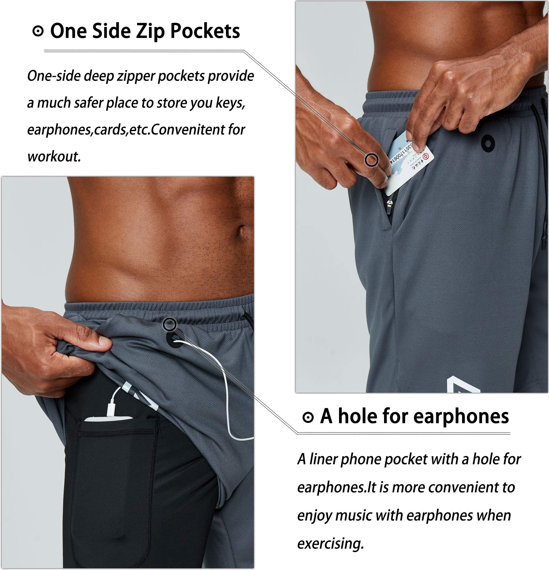Pinkbomb Mens 2 In 1 Running Shorts Gym Workout Quick Dry Mens Shorts With Phone Pocket (Grey, Small)