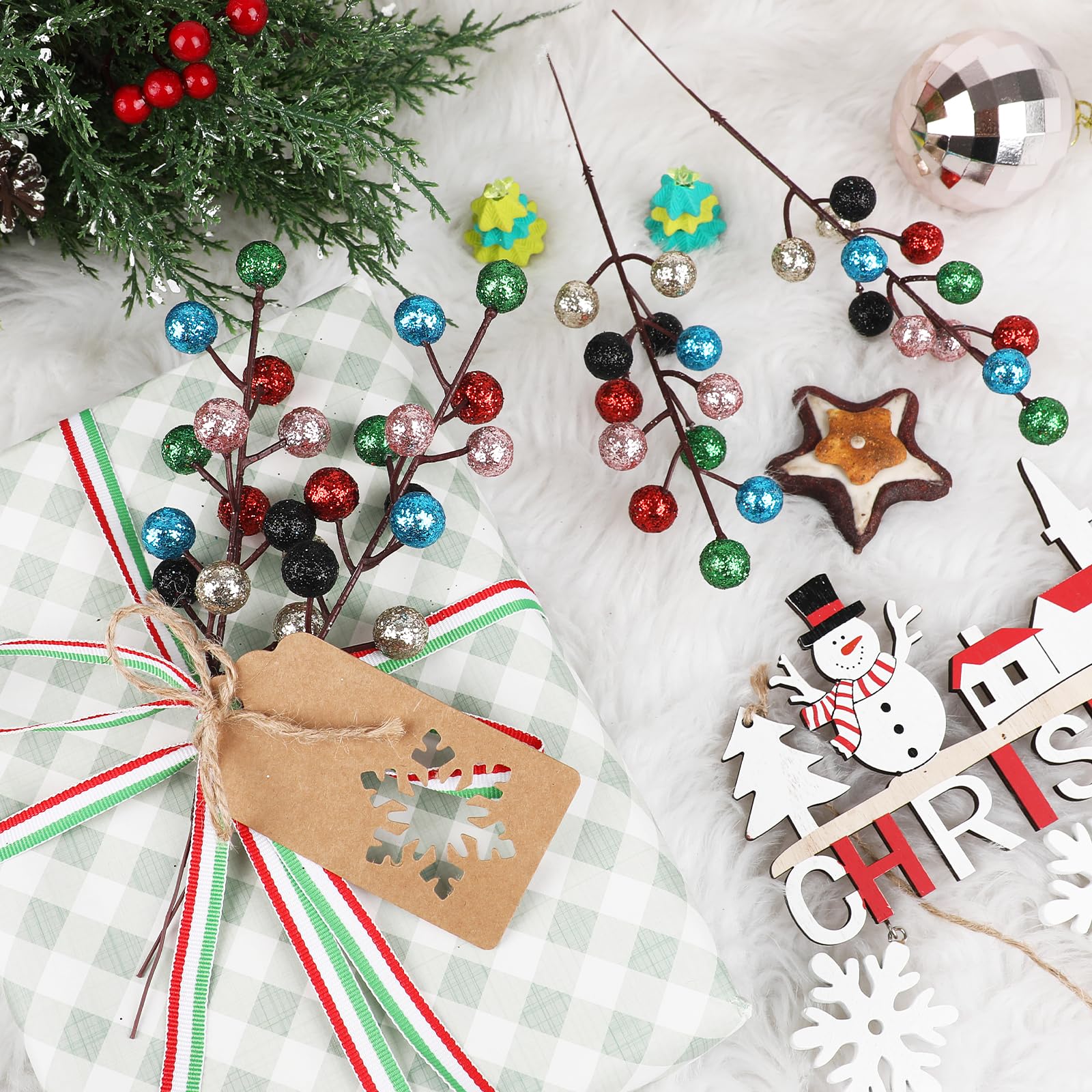 DIYASY Artificial Berry Stems, 20 Pcs Berry Stems Artificial Branches Xmas Tree Filler Holiday Wreath Garland Decorations Home D