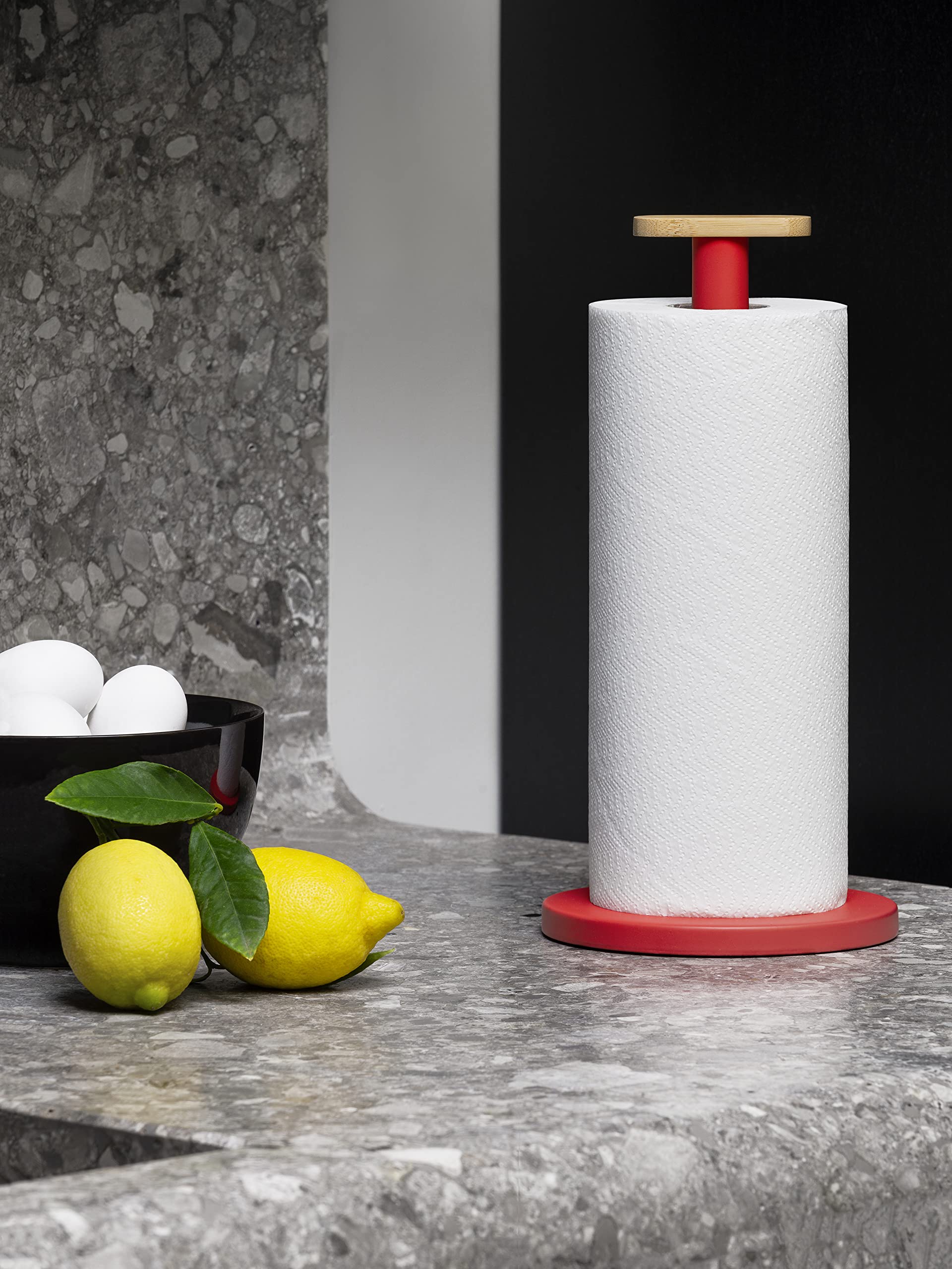 Alessi Mattina Bg05 R - Design Kitchen Roll Holder, In Colored Steel With Epoxy Resin And Knob In Bamboo Wood, Red