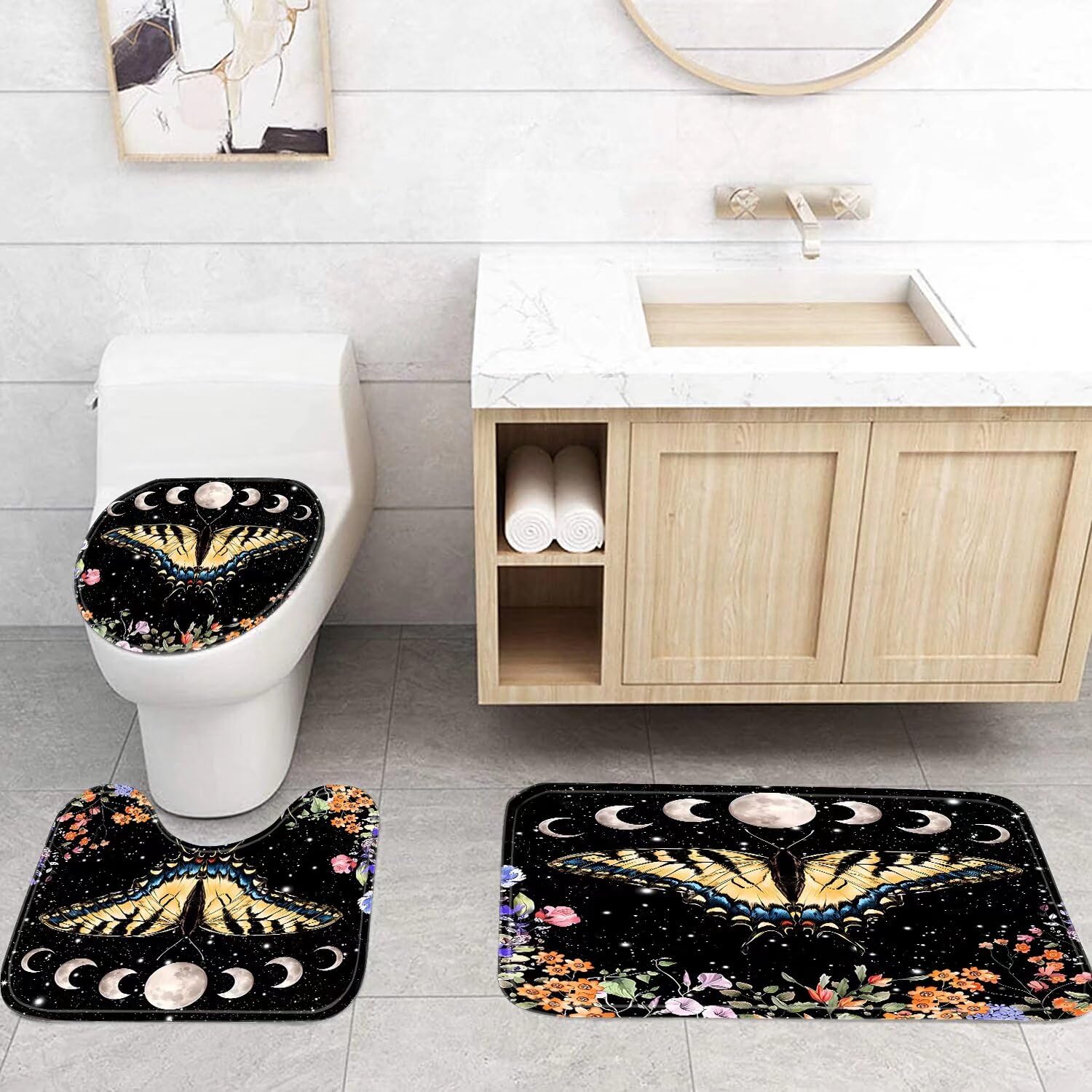 Pretyw 4 Pcs Black Butterfly Moon Shower Curtain Set Vintage Aesthetic Gothic Bathroom Set With Floral Plants Bathroom Set With