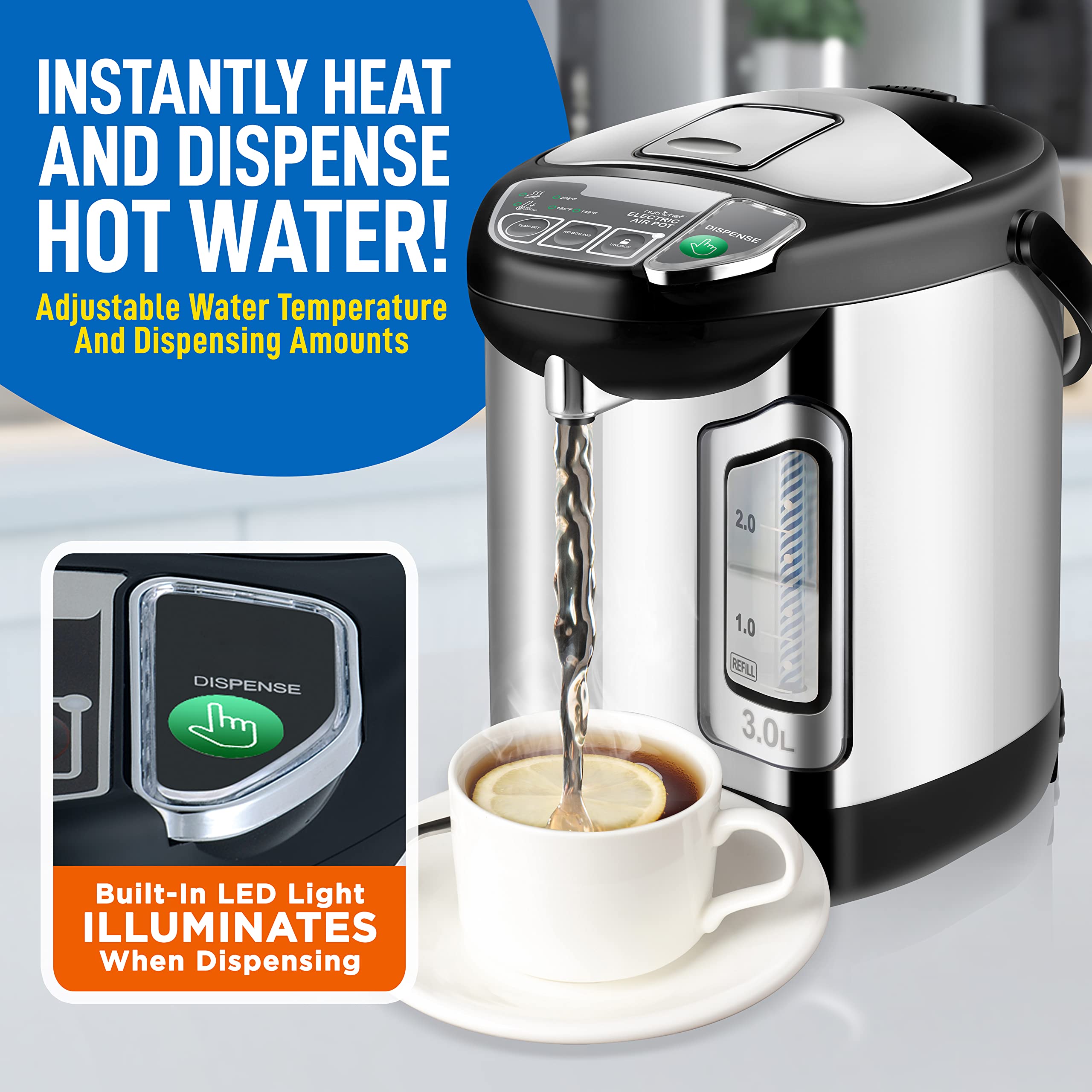 Nutrichefkitchen Electric Water Boiler And Warmer - 3L/3.17 Qt Stainless Steel Electric Hot Water Dispenser W/Rotating Base, Aut