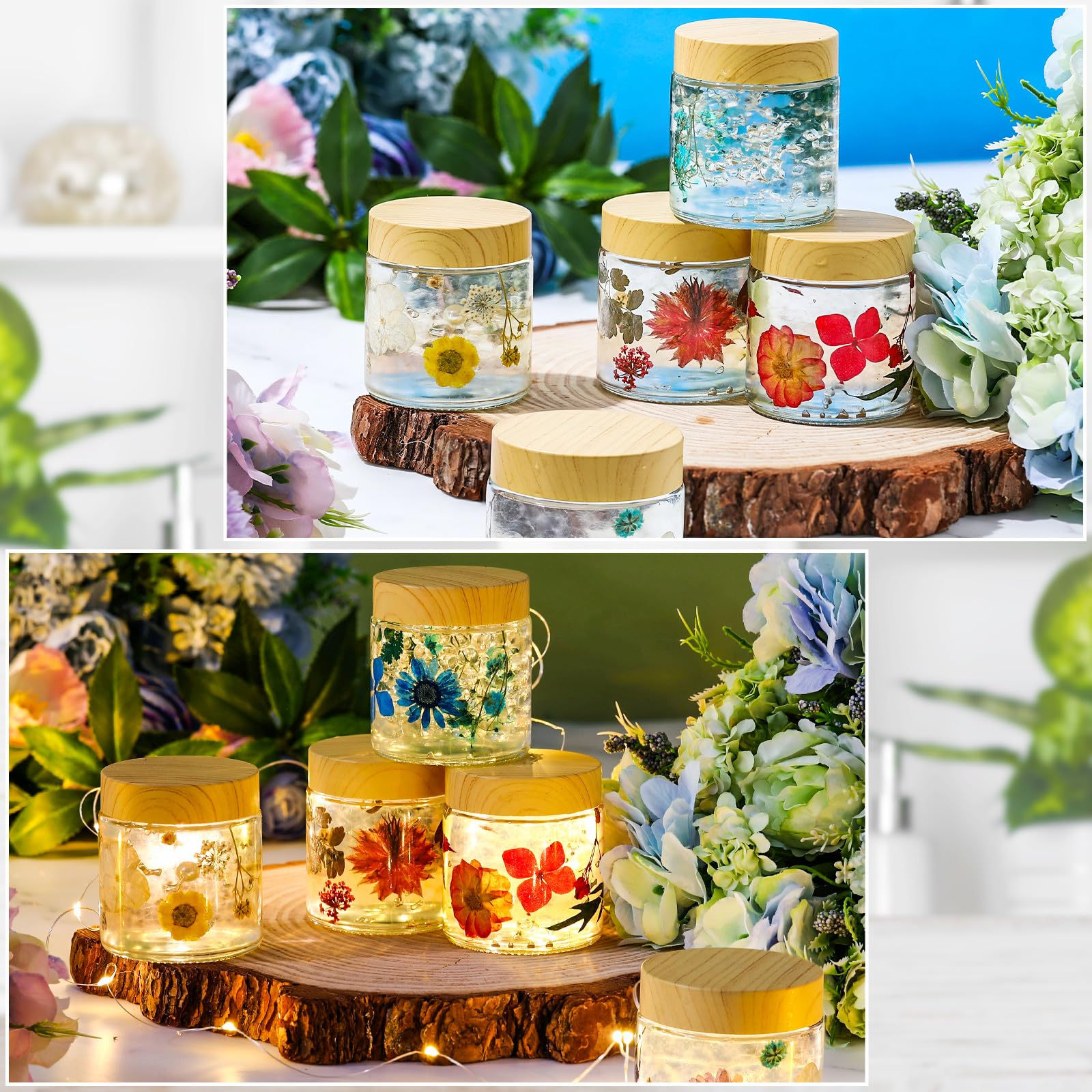 Norme 48 Pcs 4 oz Clear Glass Jars with Lids - Reusable Airtight Cosmetic Containers, Plastic Woodgrain Lids, Model RUX-Norme-1055