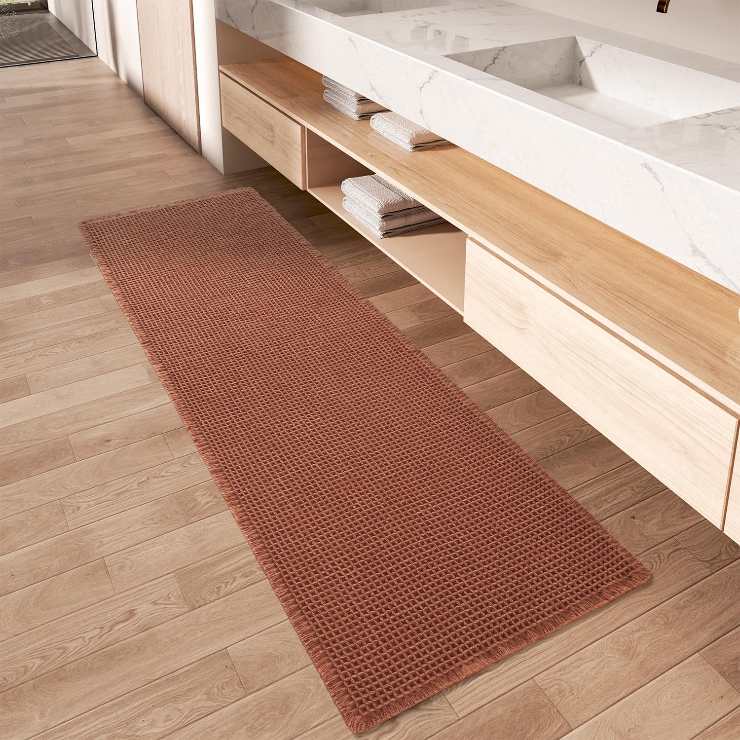 Upgraded Waffle Runner Rug Super Absorbent Non Slip Bath Mats For Bathroom Machine Washable Bathroom Runner Rug With Tassels, Id