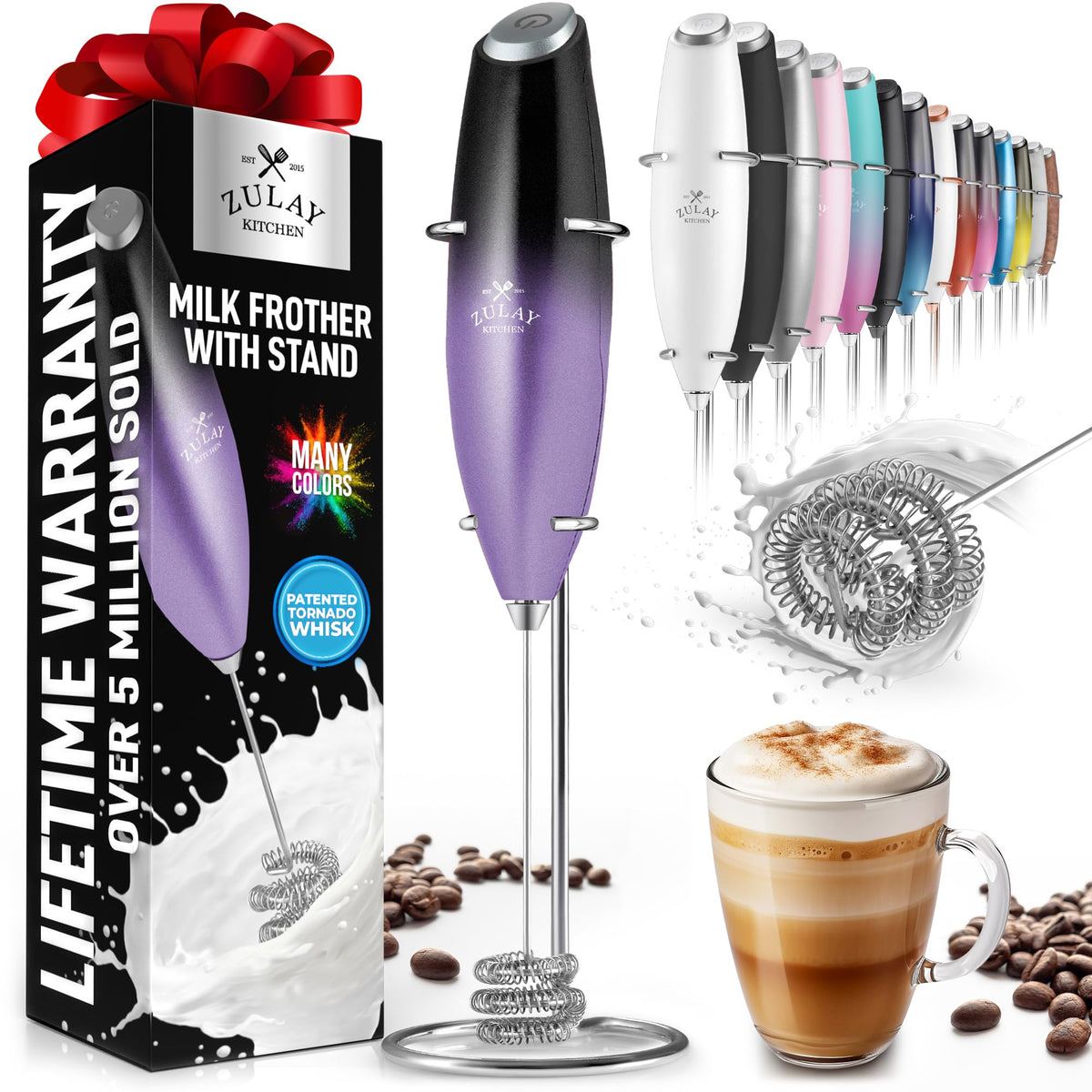 Zulay Kitchen Tornado Whisk Milk Frother Handheld - Coffee Frother Wand With Stand - Triple Whisk Hand Held Mixer - Electric Sti