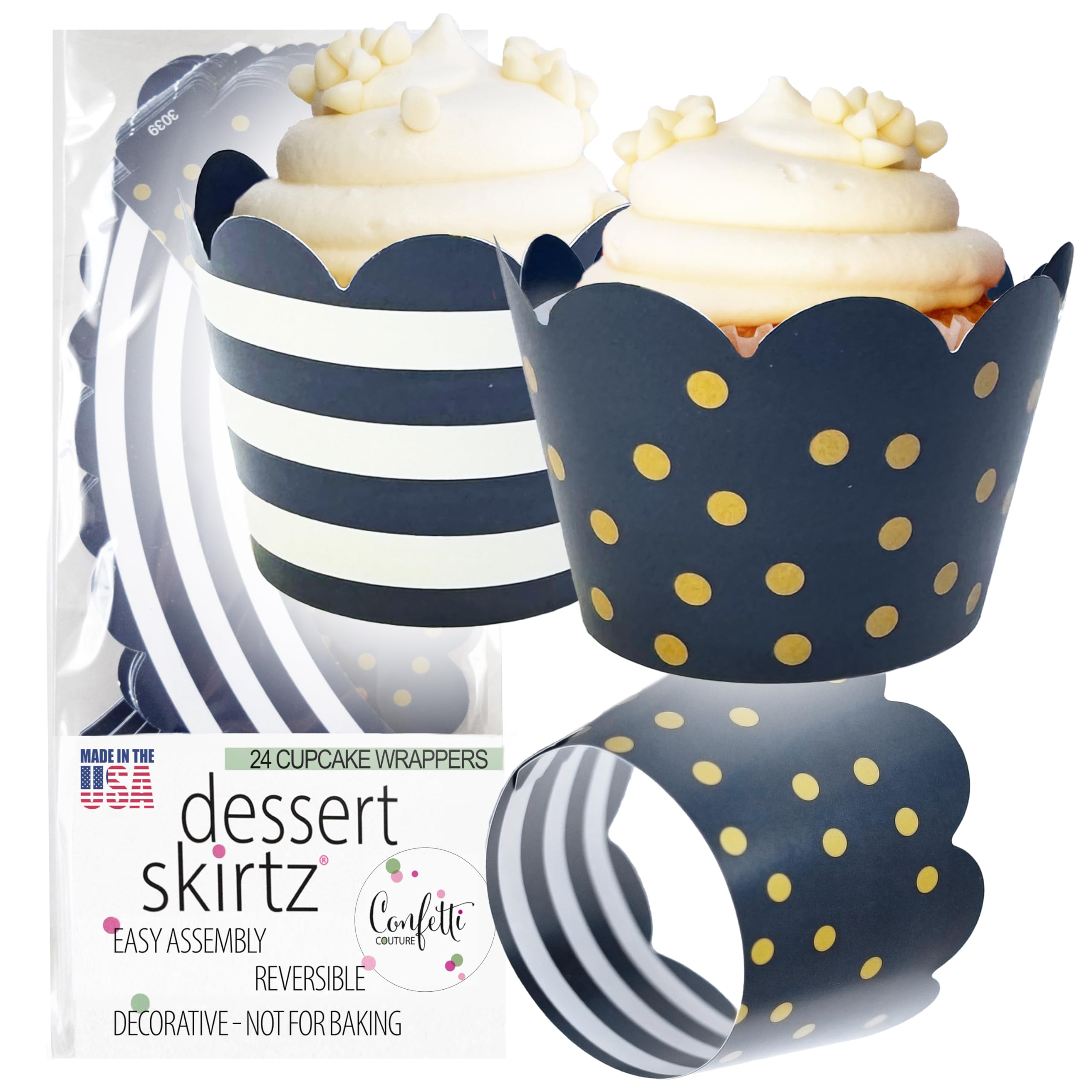 Cupcake Wrappers - Navy & White Wedding, Gold Dots Kate Stripe Classy Bridal, Baby Shower Decoration, Nautical Birthday Party, M