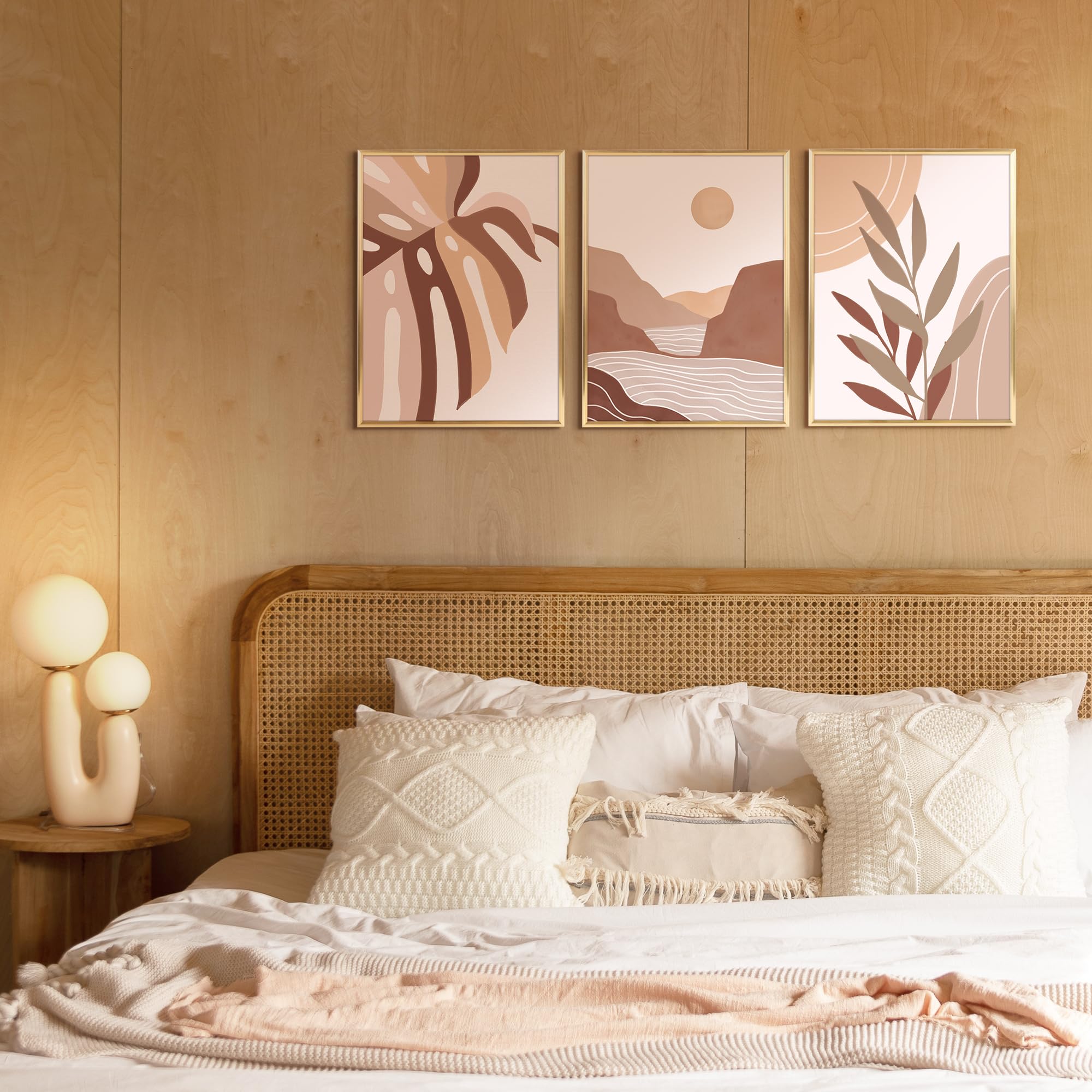 Artbyhannah Framed Boho Wall Art Wall Decor For Bedroom, Gold Framed Canvas Wall Art With Bohemian Botanical Pictures For Bathro