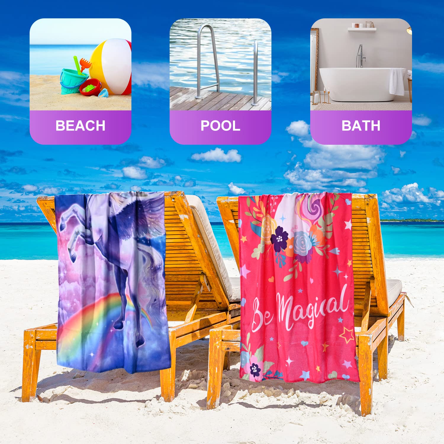 Livilan Unicorn Beach Towel For Girls Kids, Oversized Rainbow Beach Towel Microfiber Quick Dry Sand Free Pool Yoga Bath Cute Thi