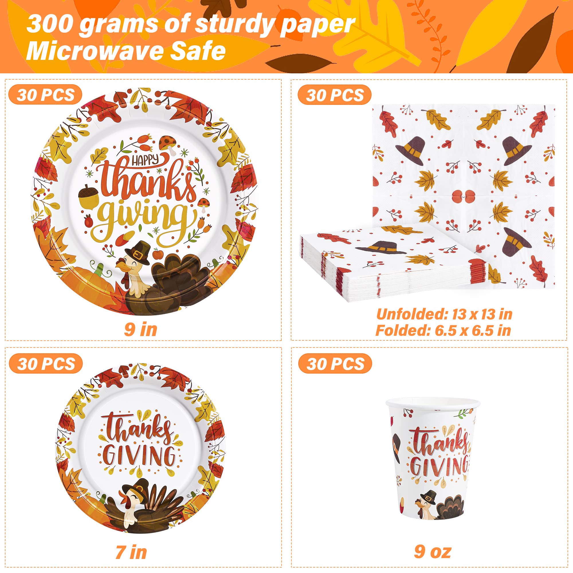 QZYL 120 PCS Thanksgiving Paper Plates, Disposable Thanksgiving Plates and Cups Set, Heavy Duty Harvest Table Decorations, Fall