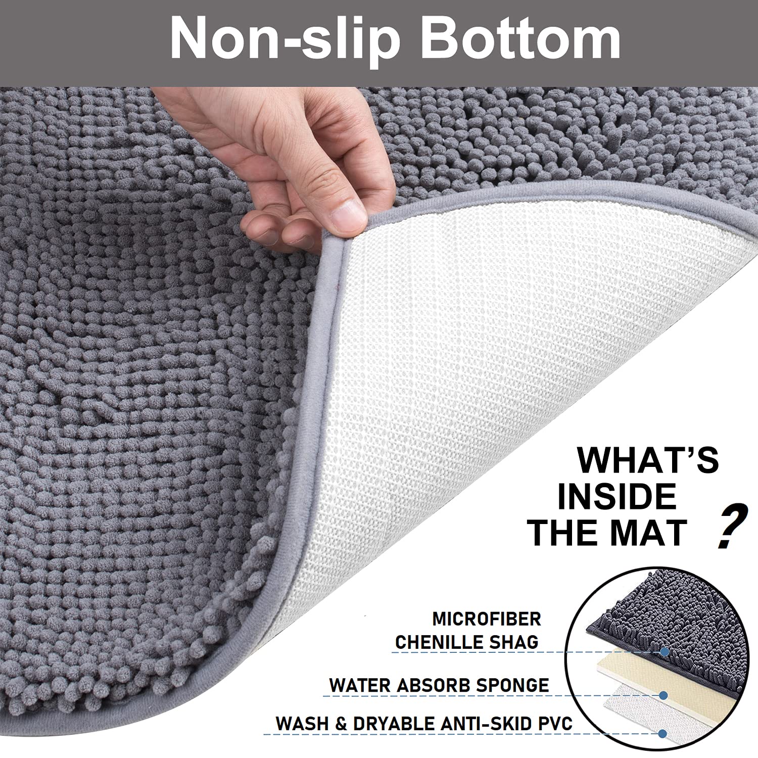 VAGAU Bathroom Rugs Chenille Bath Mat Sets 2 Pieces  Extra Thick and Soft Absorbent Bath Rugs  Machine Washable  Non-Slip Plush Bath Mats for Tub  Shower  and Bath Room +Toilet Mat(Dark Grey)
