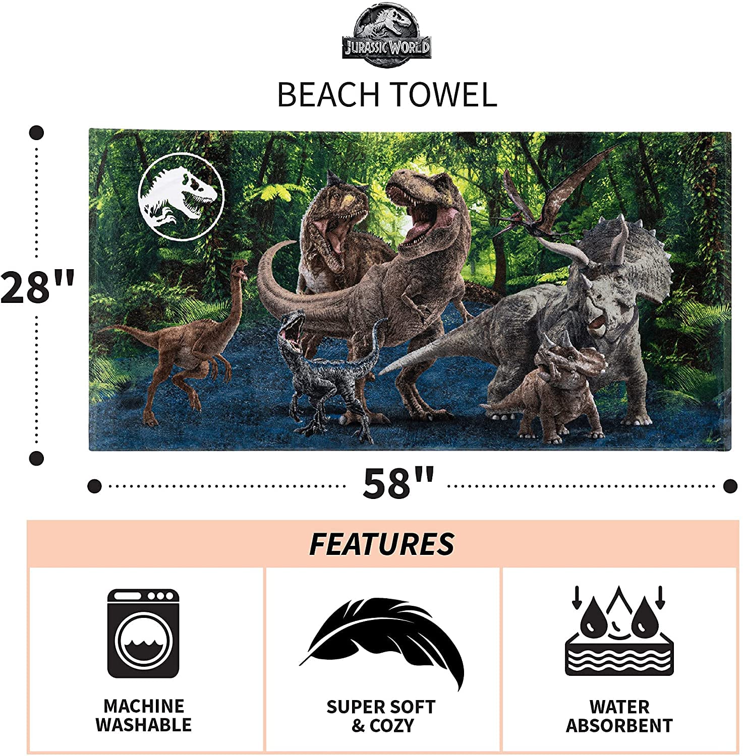 Jurassic World Family Reunion Beach Towel Super Soft Cotton 28'' X 58''