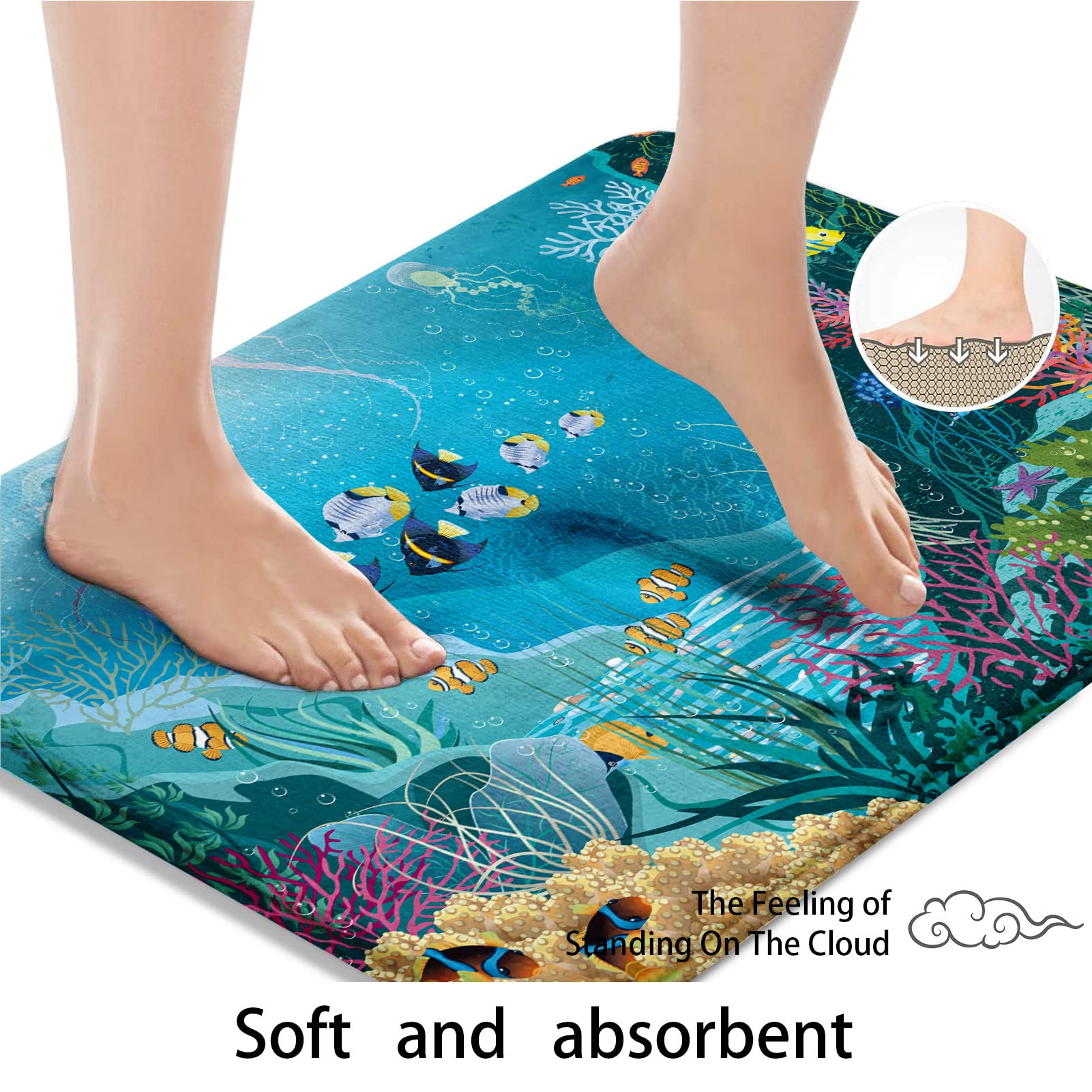 Britimes Blue Sea Bath Mat Water Plants and Tropical Fishes Summer Bathroom Rugs No Silp Undersea Sence Washable Cover Floor Rug Carpets Floor Mat 18x30 Inches for Kitchen Bedroom