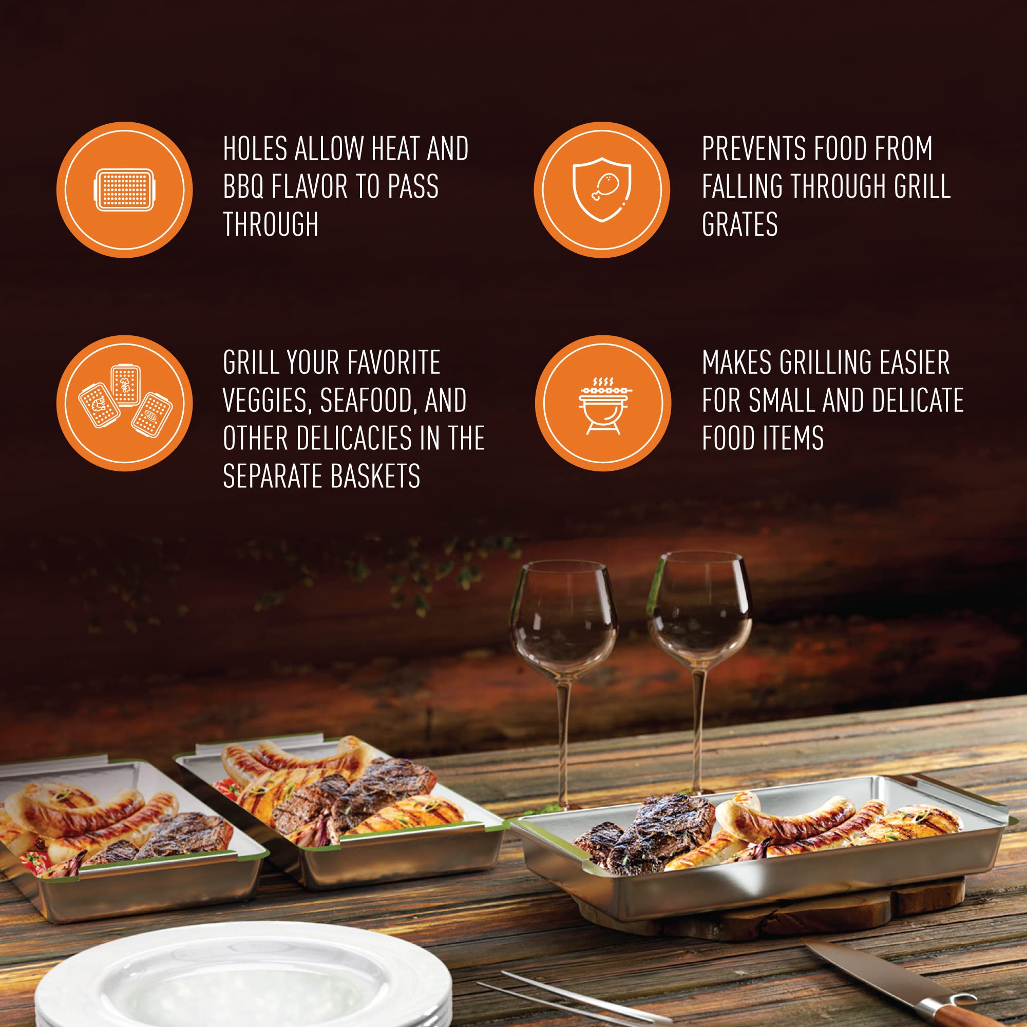 Yukon Glory BBQ 'N SERVE Grill Basket Set - Includes 3 Grilling Baskets a Serving Tray & Clip-on Handle - ''Patented Grill-to-Table Design'' Perfect For Grilling Fish Veggies & Meats