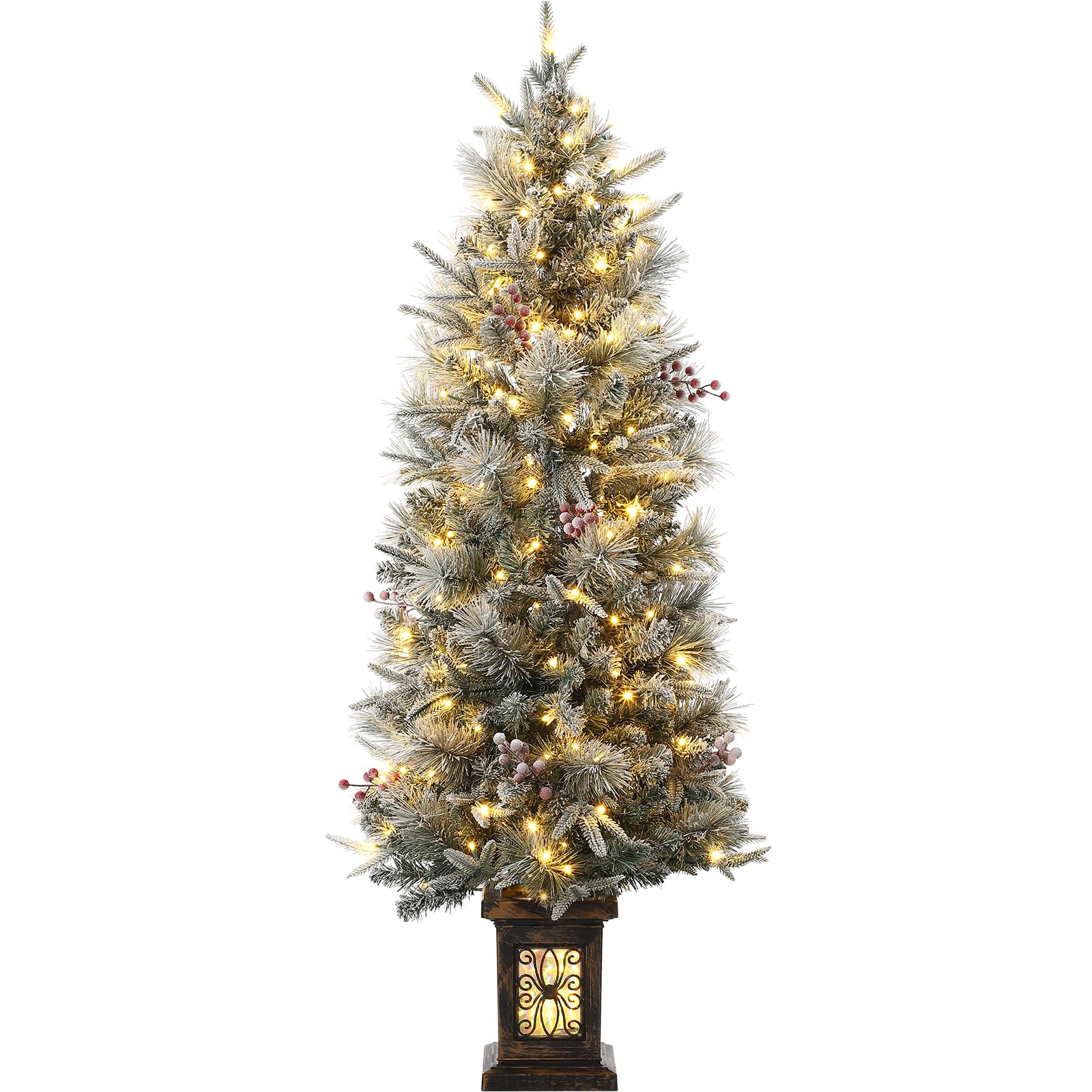 Garvee Pre-lit Artificial Christmas Tree with Warm White Lights, Snow Flocked Full Christmas Tree 4.5 ft with 8 Light-Modes, Pre