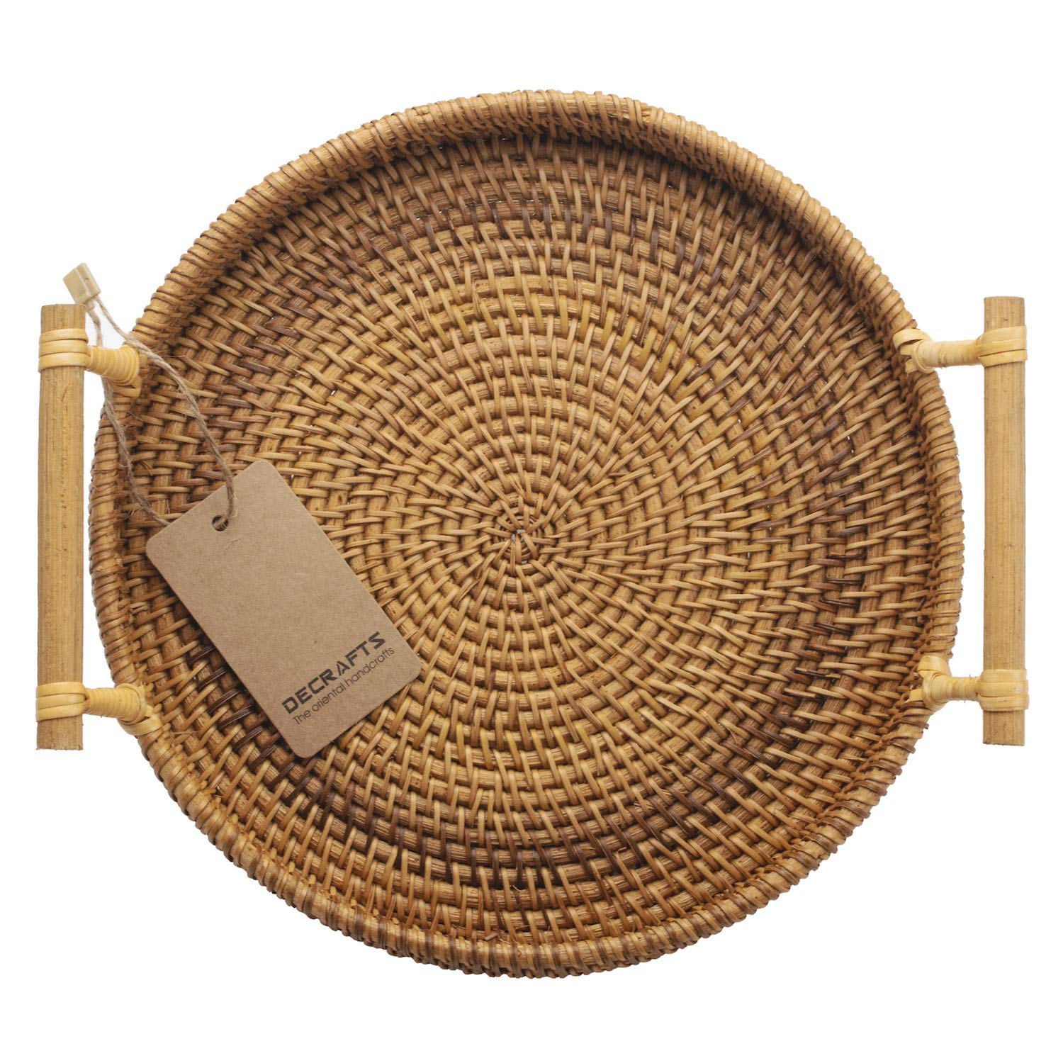 Decrafts Round Rattan Tray Woven Bread Basket With Handles Small Cracker Tray For Serving Dinner Parties Coffee Table Tea (Natur