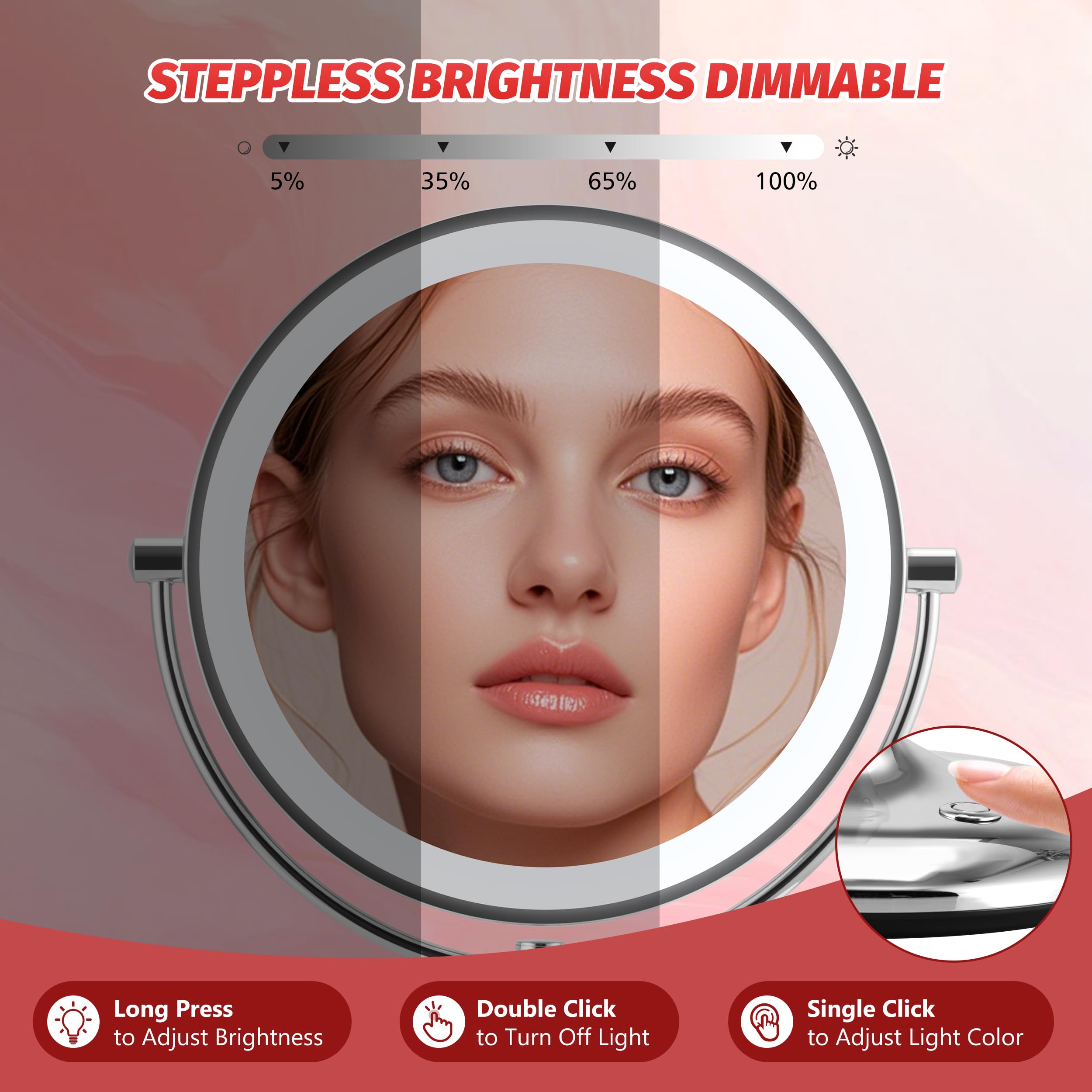 Magnifying Makeup Mirror With Light: 9'' Large 1X/10X Lighted Makeup Mirror, Double Sided Vanity Tabletop Mirror 360Rotation & A