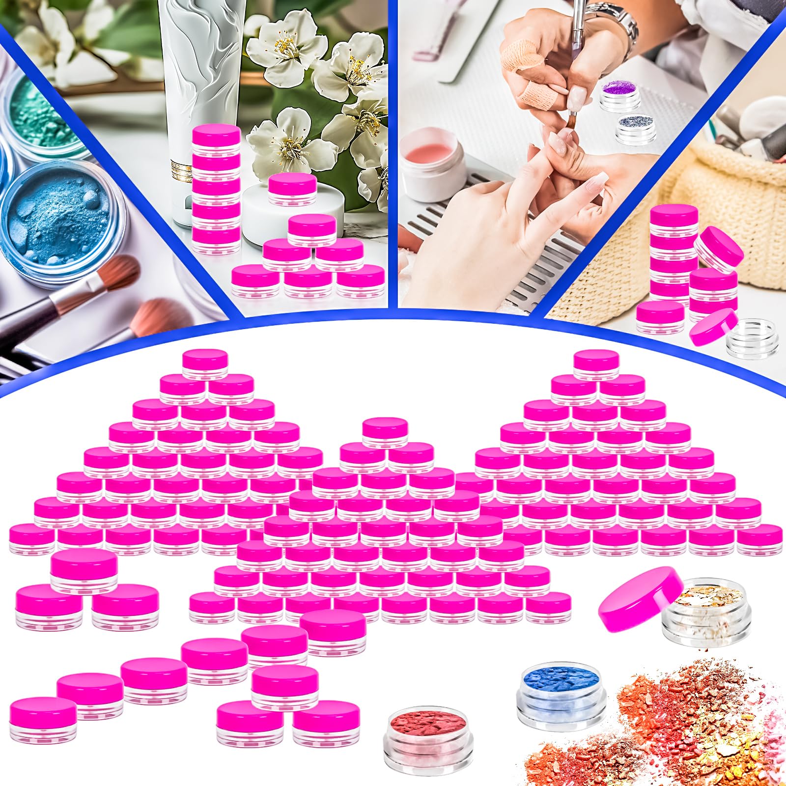 Motbach 100 Pcs 3G Empty Plastic Containers With Lids,Tiny Makeup Sample Containers, Small Pot Jars Pink Round Cosmetic Jars Wit
