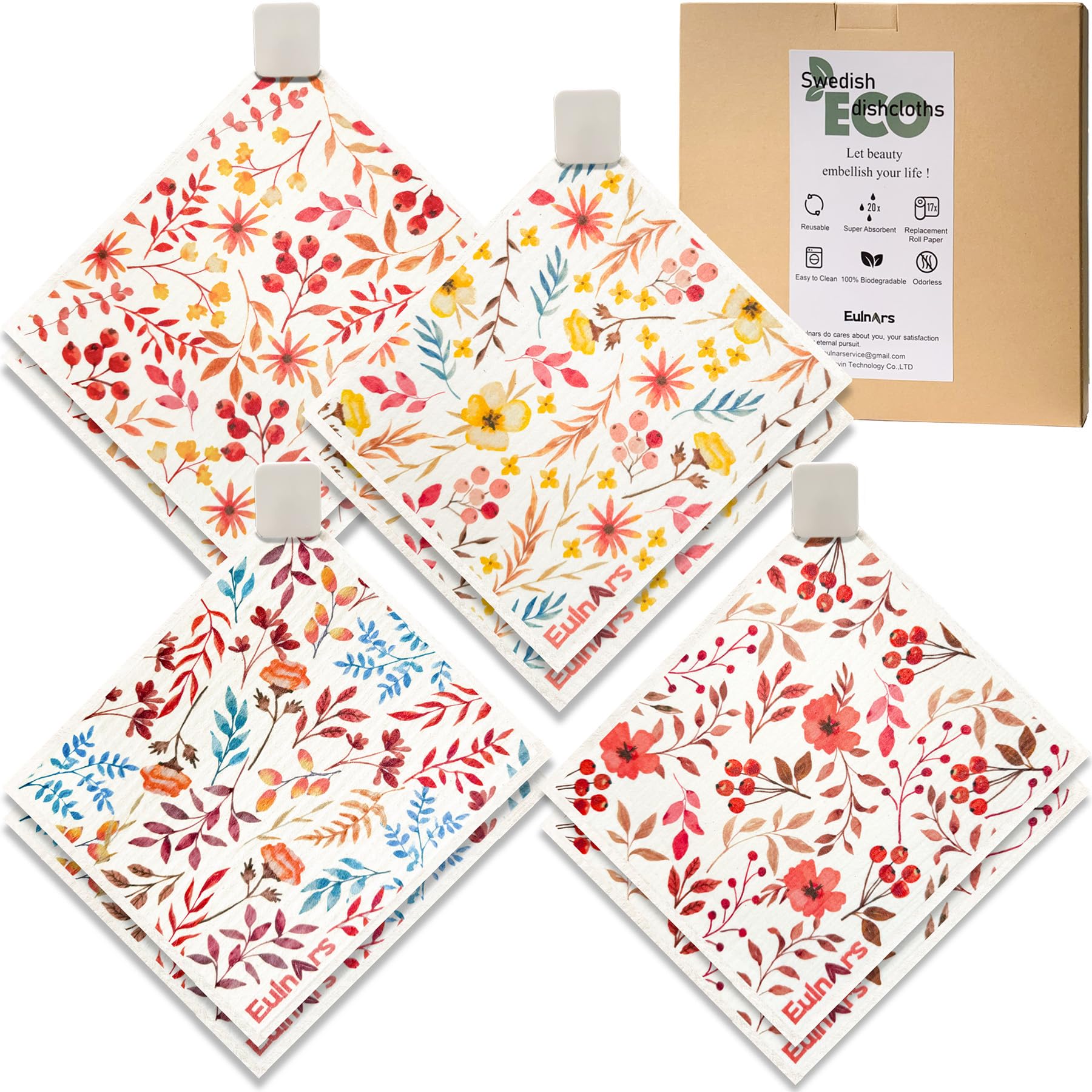 Eulnars Swedish Dishcloths for Kitchen, 8 Pack Watercolor Reusable Paper Towels with Clips, Non-Scratch Swedish Kitchen Towels, 
