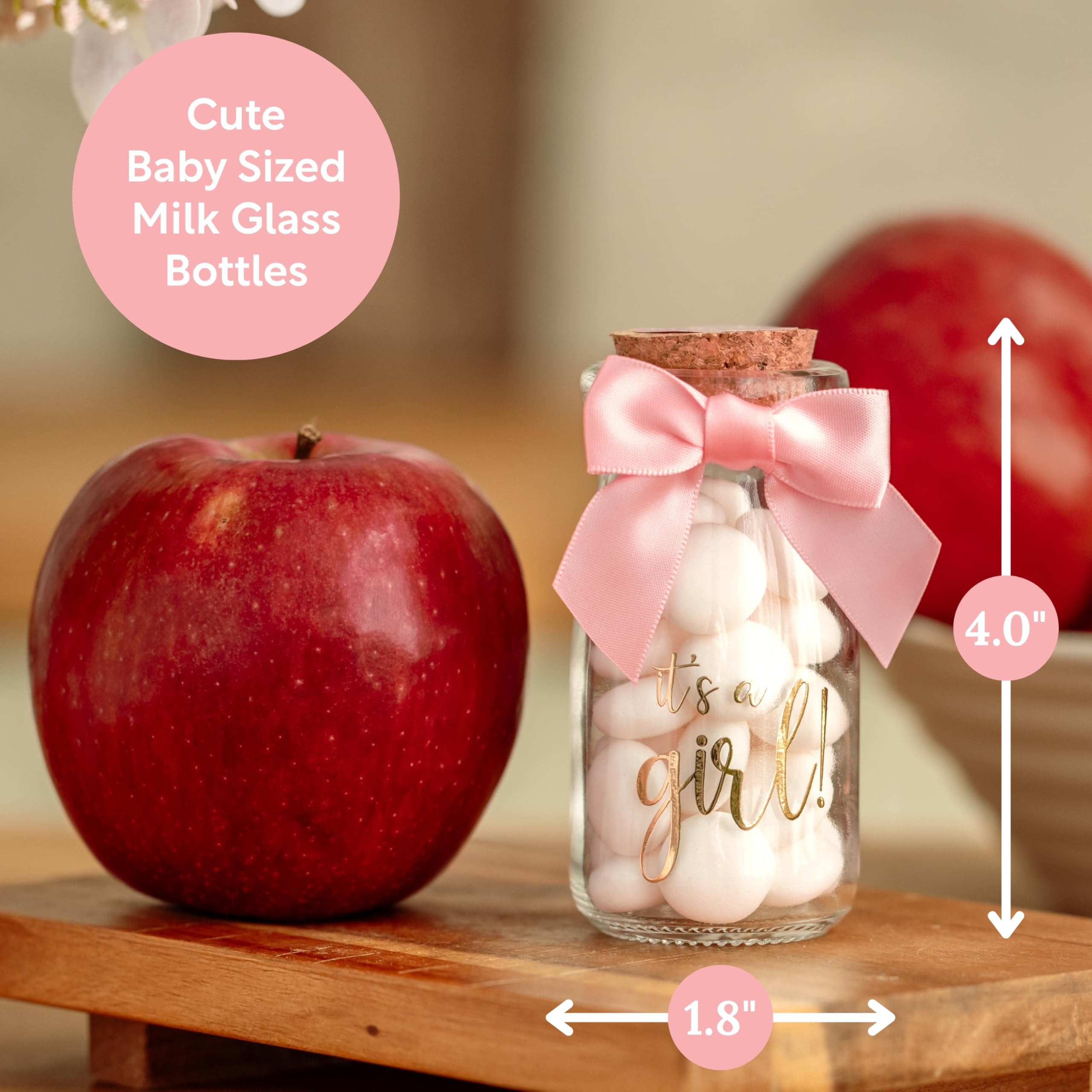 Ethisa Small 24 Pack It's a Girl Milk Glass Bottles with Ribbons and Stickers - Vintage Baby Shower Favors for Guests and Table