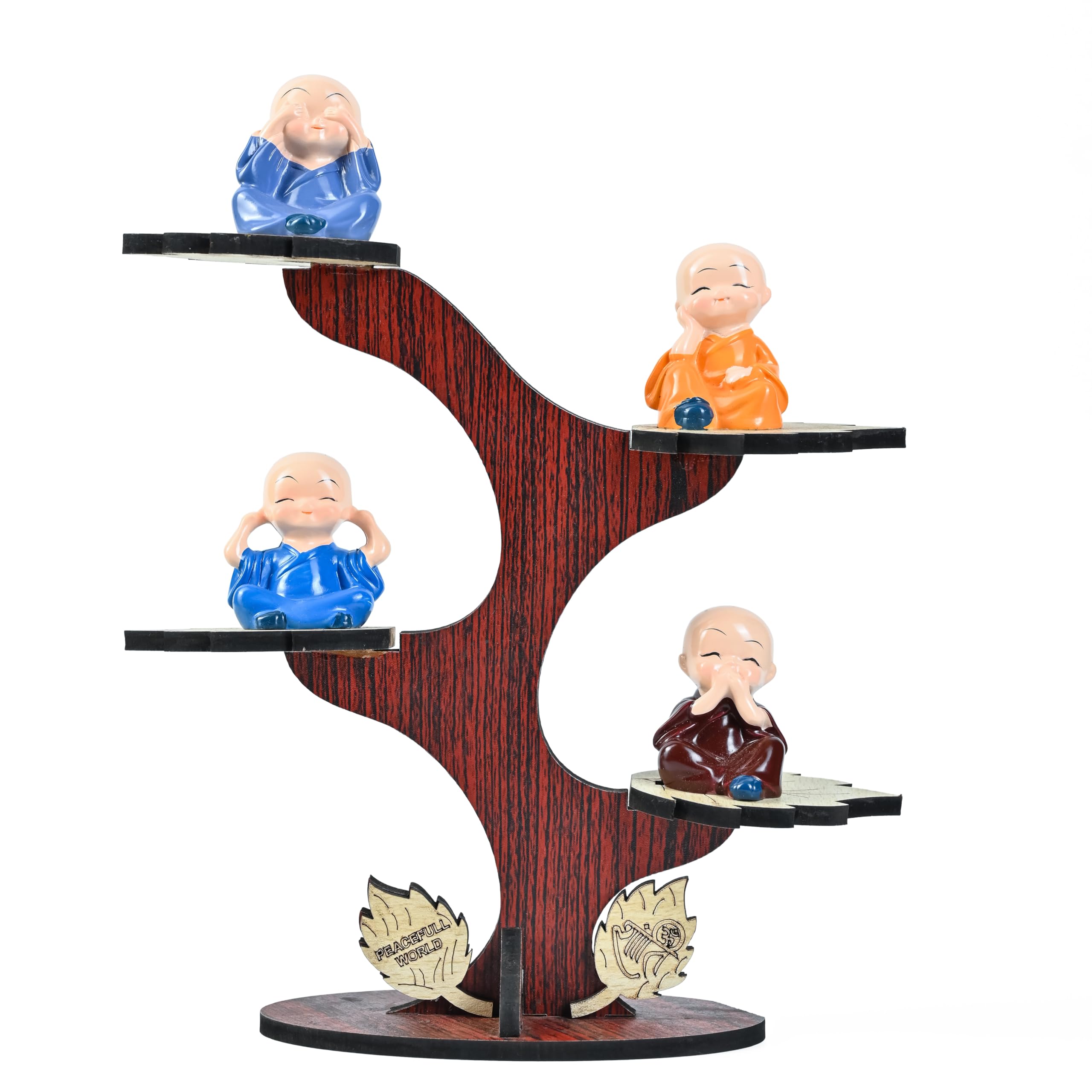Zaicus Buddha Monk Showpiece Set Of 4 | Wooden Tree Stand Monk Figurines | Decorative Item For Living Room, Office Home Decor, B