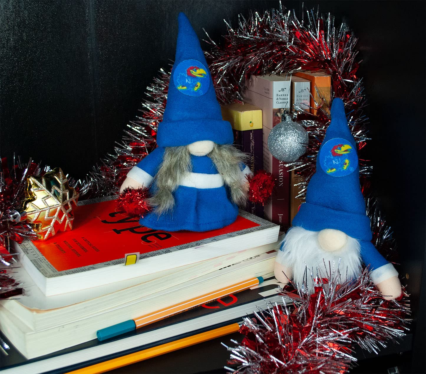 University of Kansas Jayhawks Set of 2 Plush Gnome Christmas Tree Ornaments by Hannas Handiworks - Fan/Cheerleader Holiday/Dorm