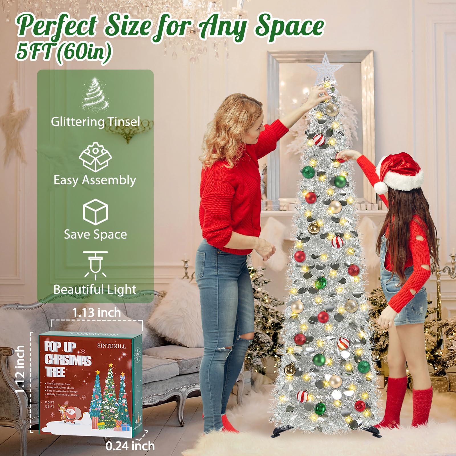 SINTENILL 5 FT Pop Up Christmas Tree with Timer Lights and Decorations, Silver Artificial Tinsel Christmas Tree with 24 Ball Orn