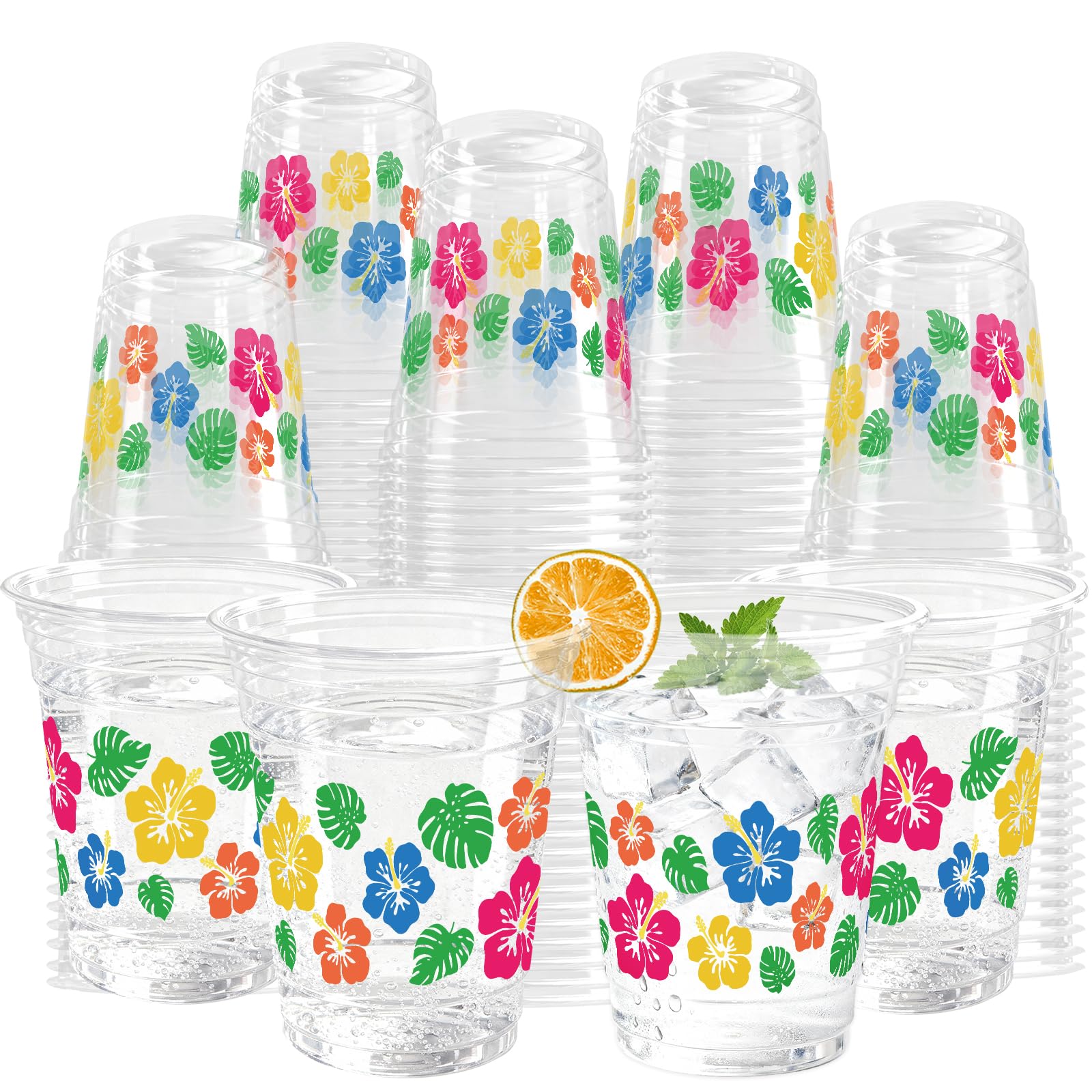 KOPOOEOE 100 Pack Hawaii Hibiscus Flower Plastic Cups 12 oz Colorful Tropical Flower Disposable Cup Drinking Cold Beverage Cup f
