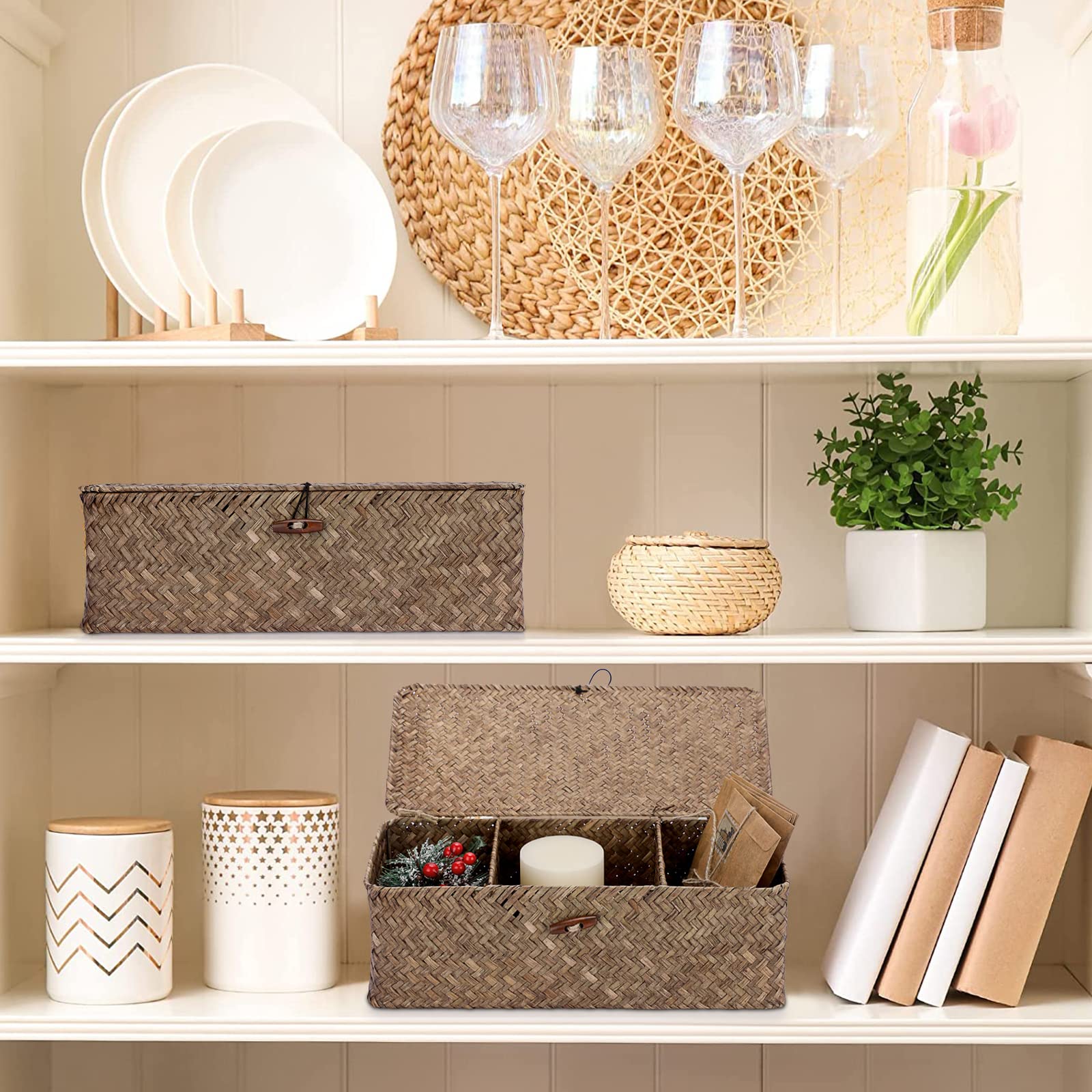 Hipiwe Storage Basket With Lid 3 Compartment Toilet Tank Toilet Paper Basket Holder Handwoven Wicker Basket Home Organizer Bin F