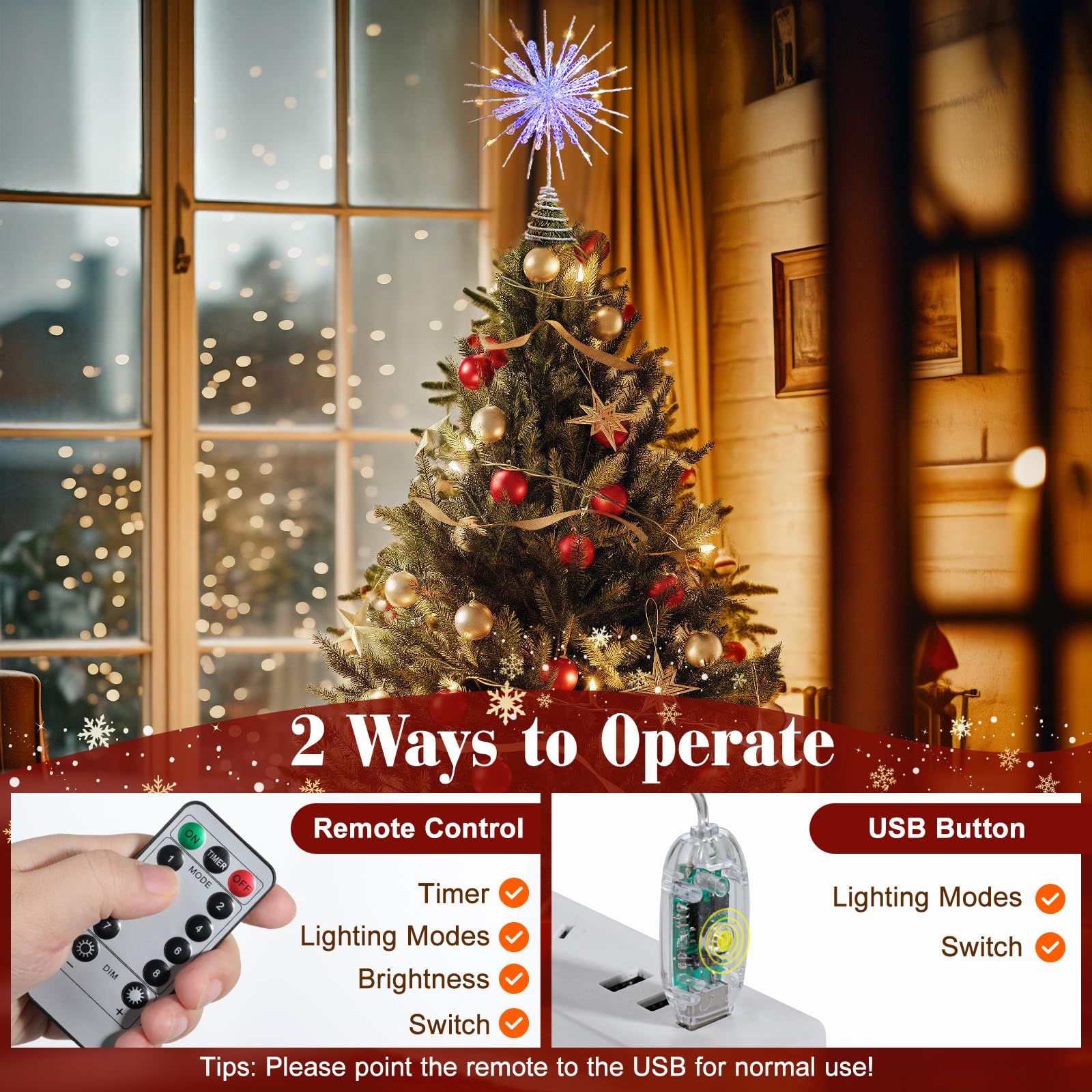 Lewondr Christmas Snowflake Tree Topper, 12.2in Xmas Tree Topper with Glittered Epoxy & 30 Colorful LED, Remote&USB Powered Snow
