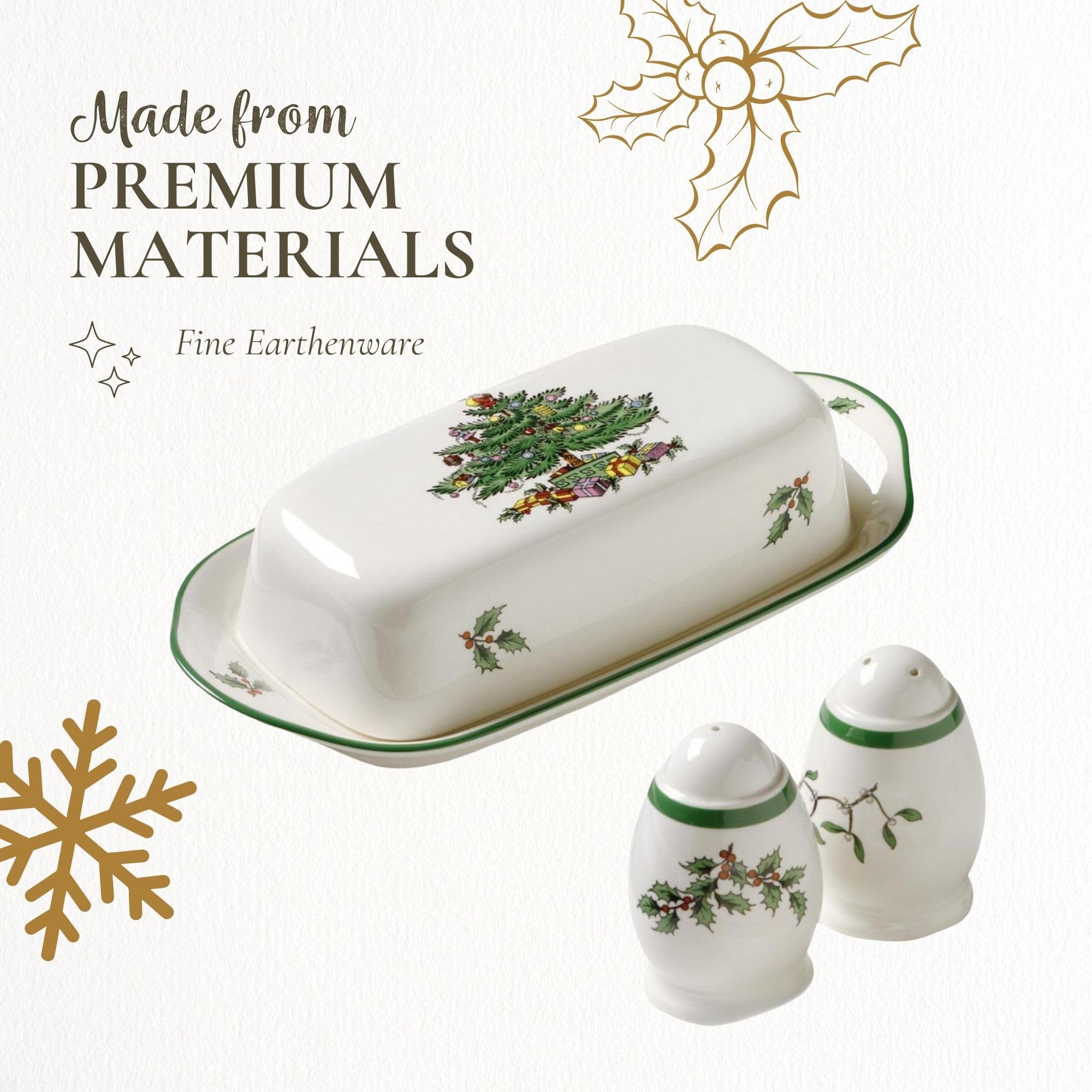 Spode Christmas Tree Hostess Set - 3-Piece Butter Dish, Salt & Pepper Shakers - 7.5" L, Multicolor, Model 1359477, Dishwasher Safe